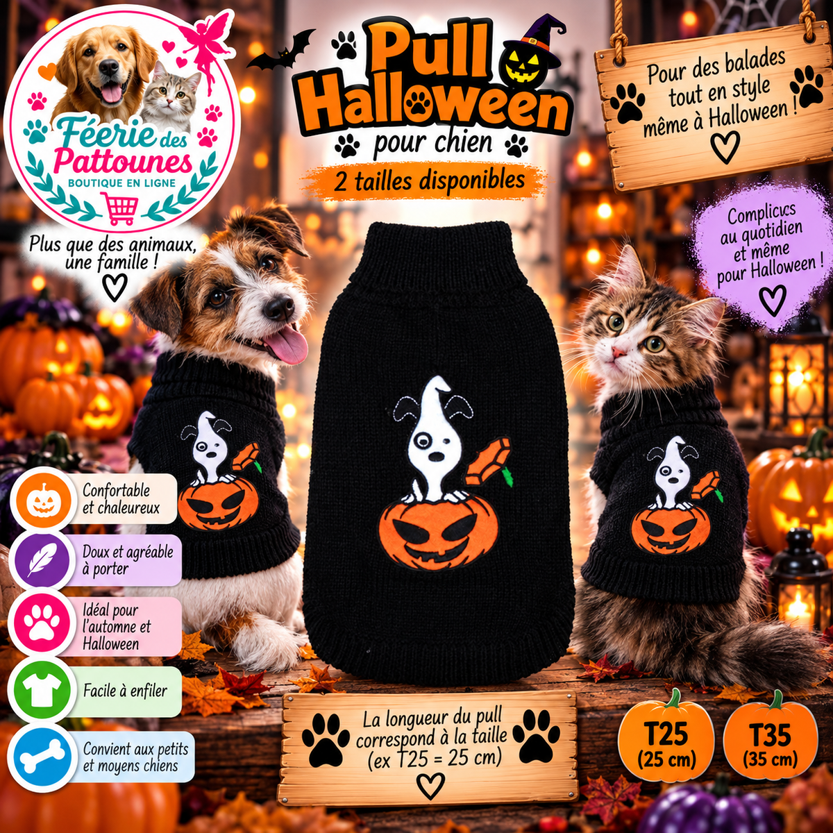 🎃🧵 Pull Halloween pour chien – Citrouille (T25 • T35)