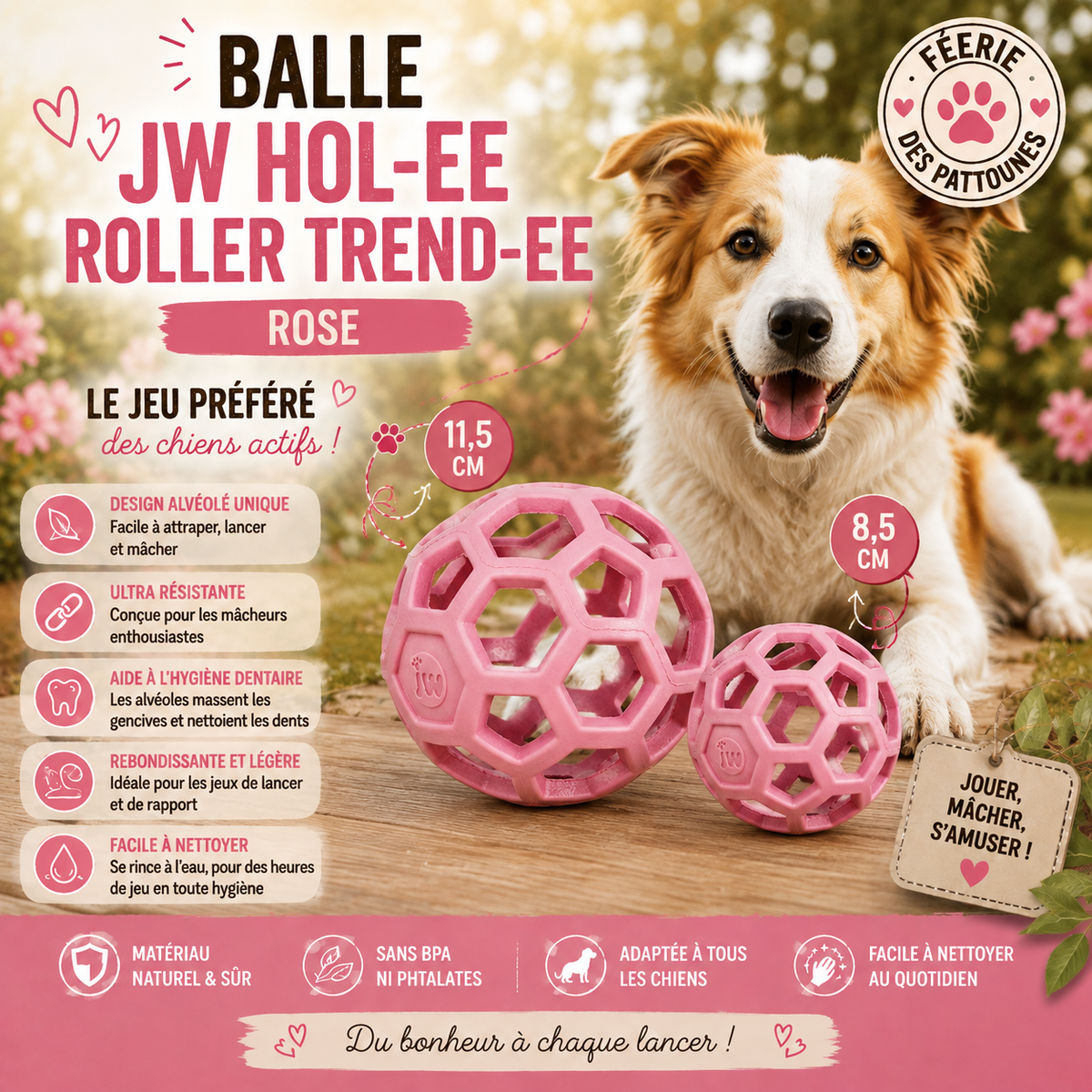 🎀 JW Hol‑ee Roller Trend‑ee Rose – Jouet Polyvalent pour Chien (Tailles 8,5 cm • 11,5 cm • 14 cm)