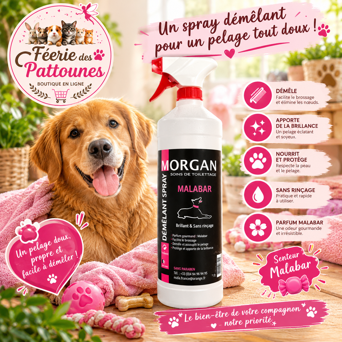🍬🐾 Spray Démêlant Morgan – Senteur Malabar (1 L)