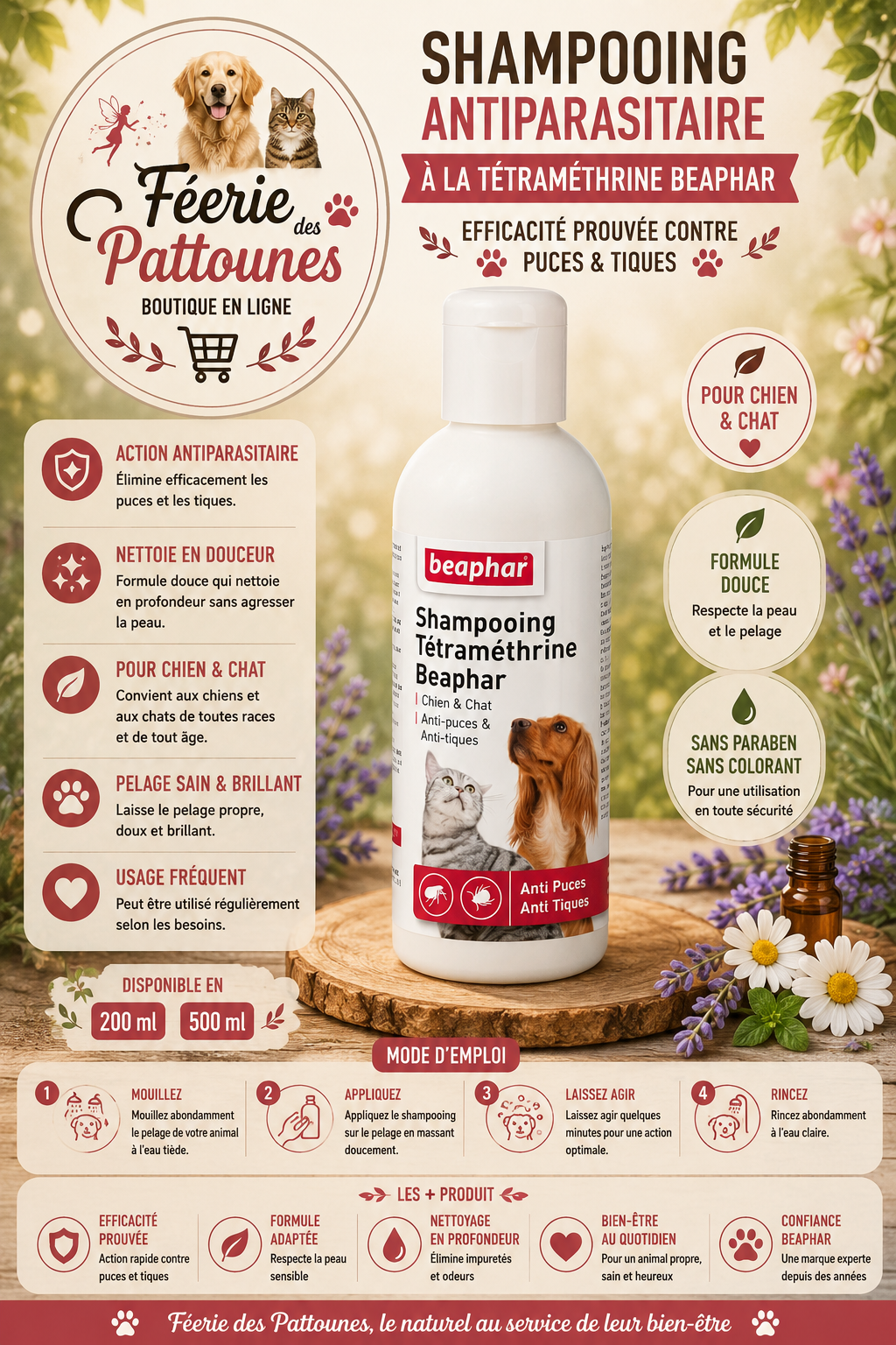 🛡️🐶🐱 Shampooing Antiparasitaire à la Tétraméthrine – Beaphar (200 ml • 500 ml)