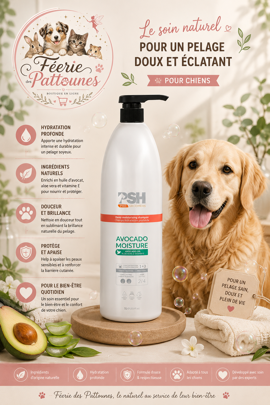 🥑 PSH Avodado Moisture – Shampooing Hydratant & Volume (1 L)
