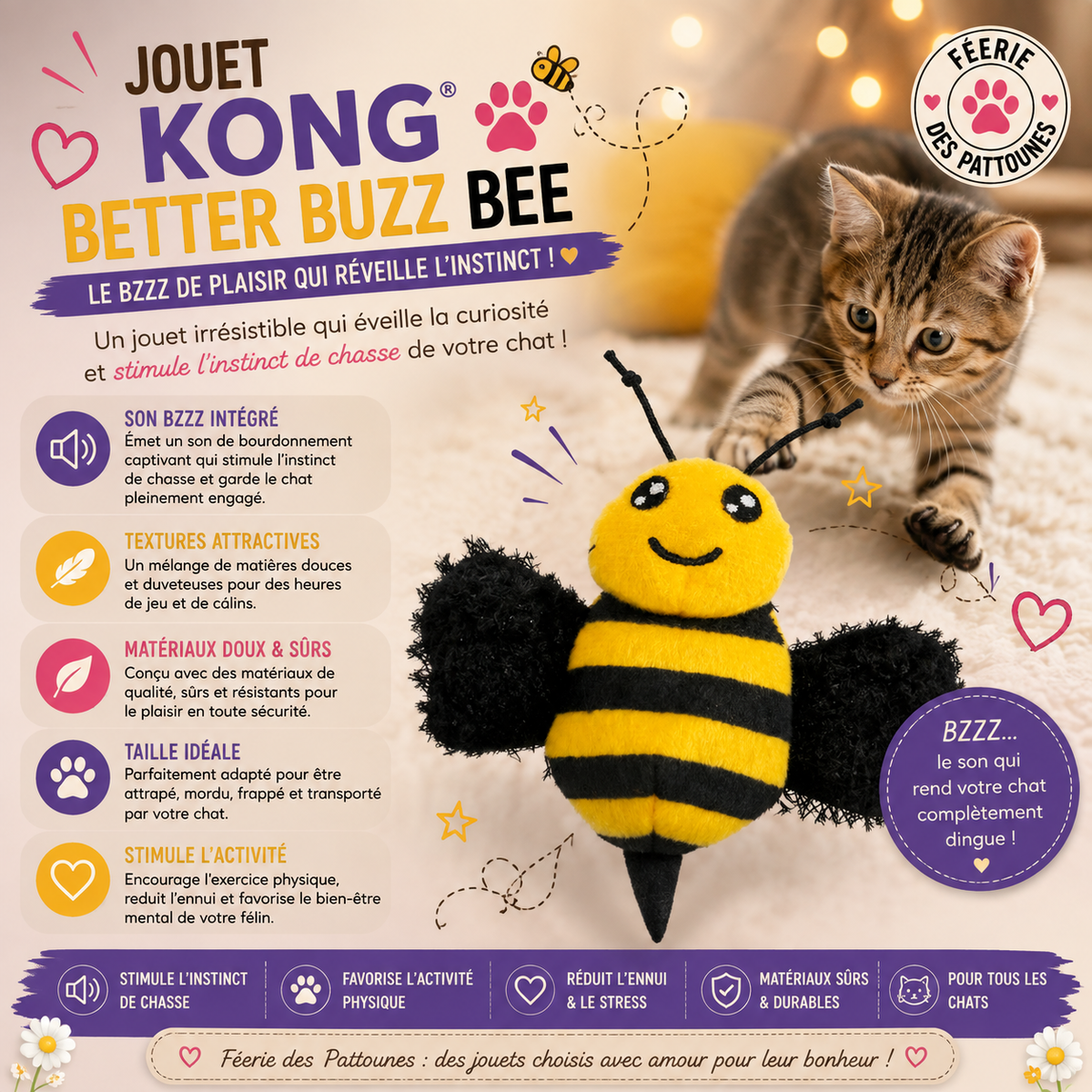 🐝 KONG® Better Buzz Bee – Jouet Abeille Craquante & Herbe à Chat (11 cm)