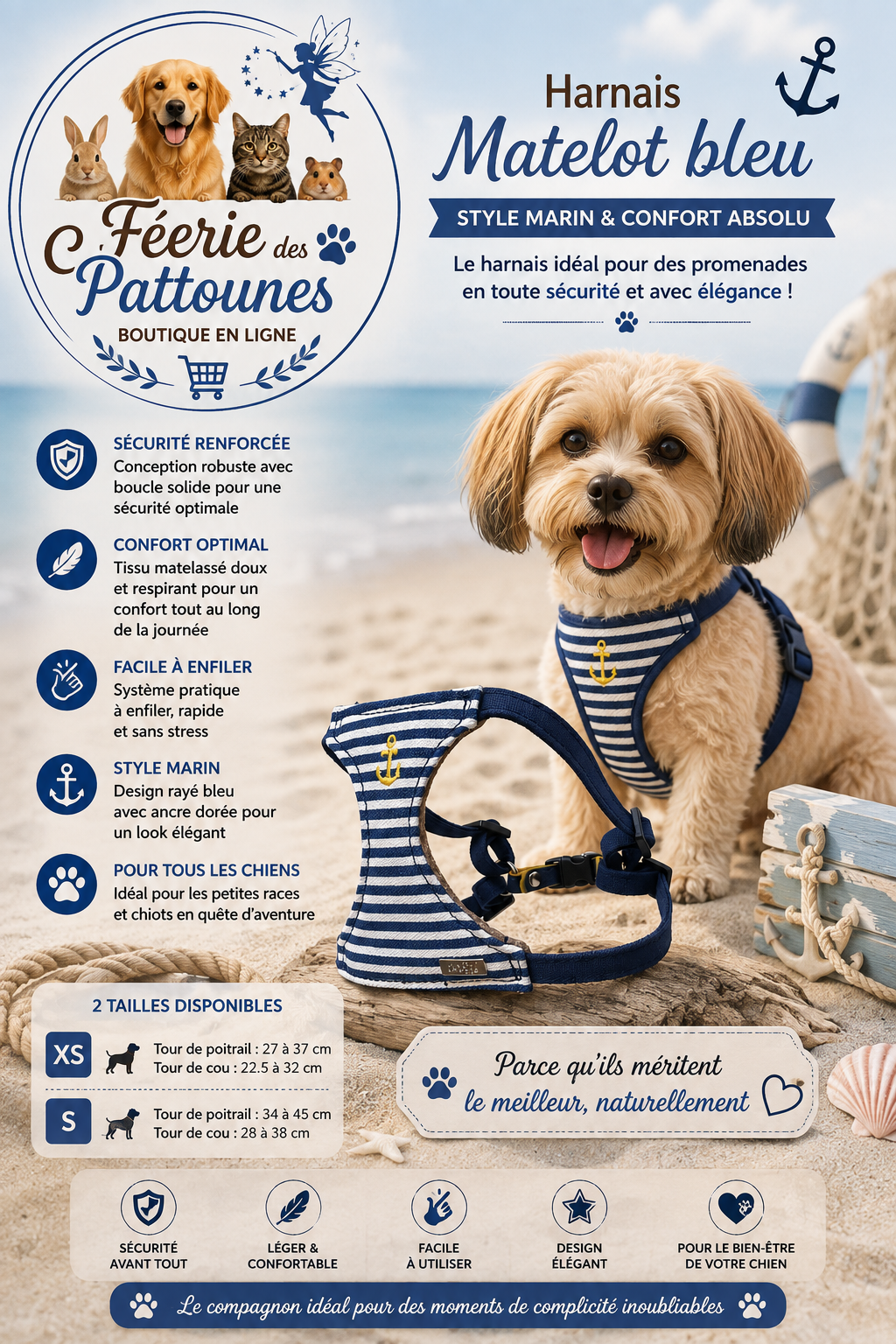 🔵⚓🐶Harnais Matelot – Bleu (Tailles XS • S)