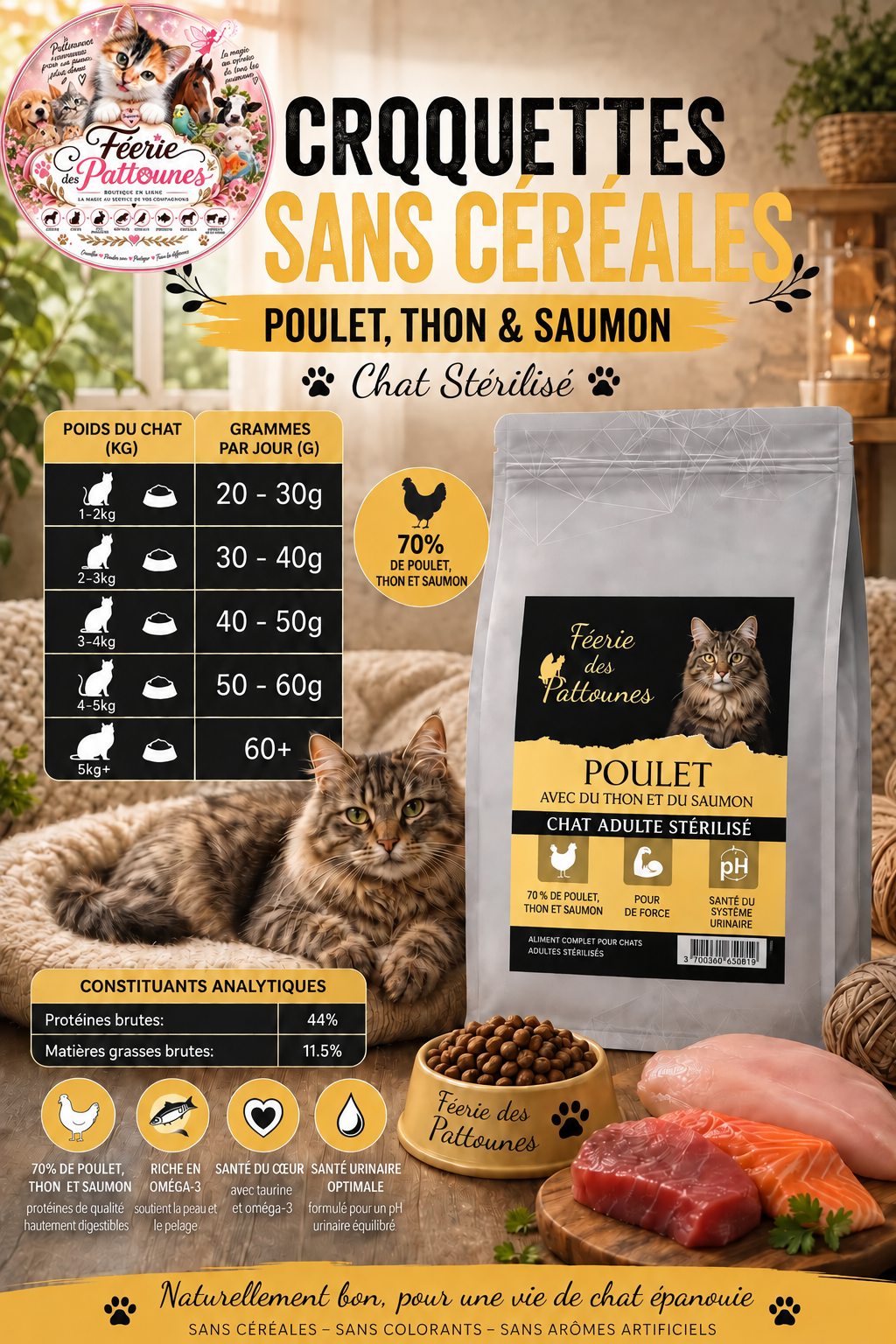 🐱 Croquettes Sans Céréales – Poulet, Thon & Saumon – Chat Stérilisé (1,5 kg & 5 kg)