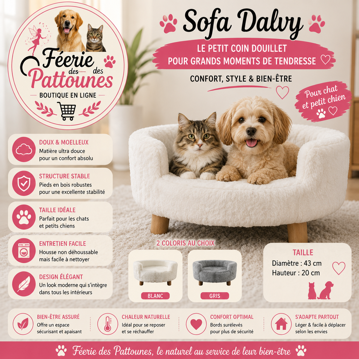 🤍🐾 Sofa Dalvy – Canapé Douillet pour Chat & Petit Chien (Ø 43 cm • H 20 cm)