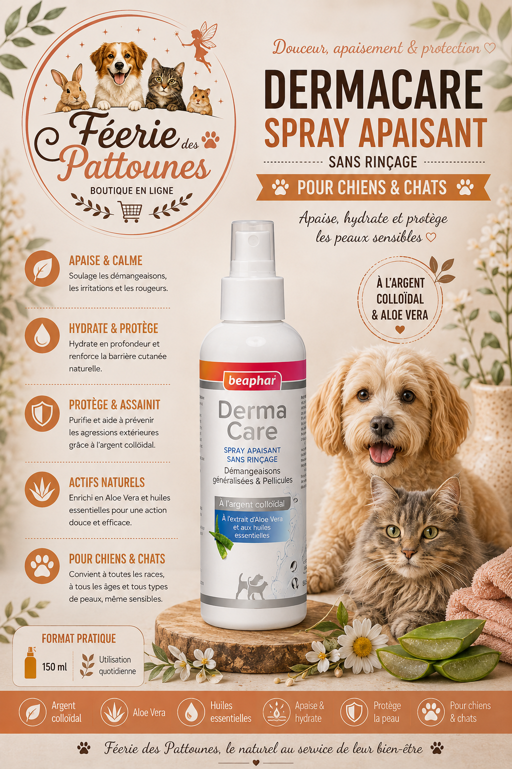 🩺 Beaphar DermaCare – Spray Apaisant Sans Rinçage (150 ml)