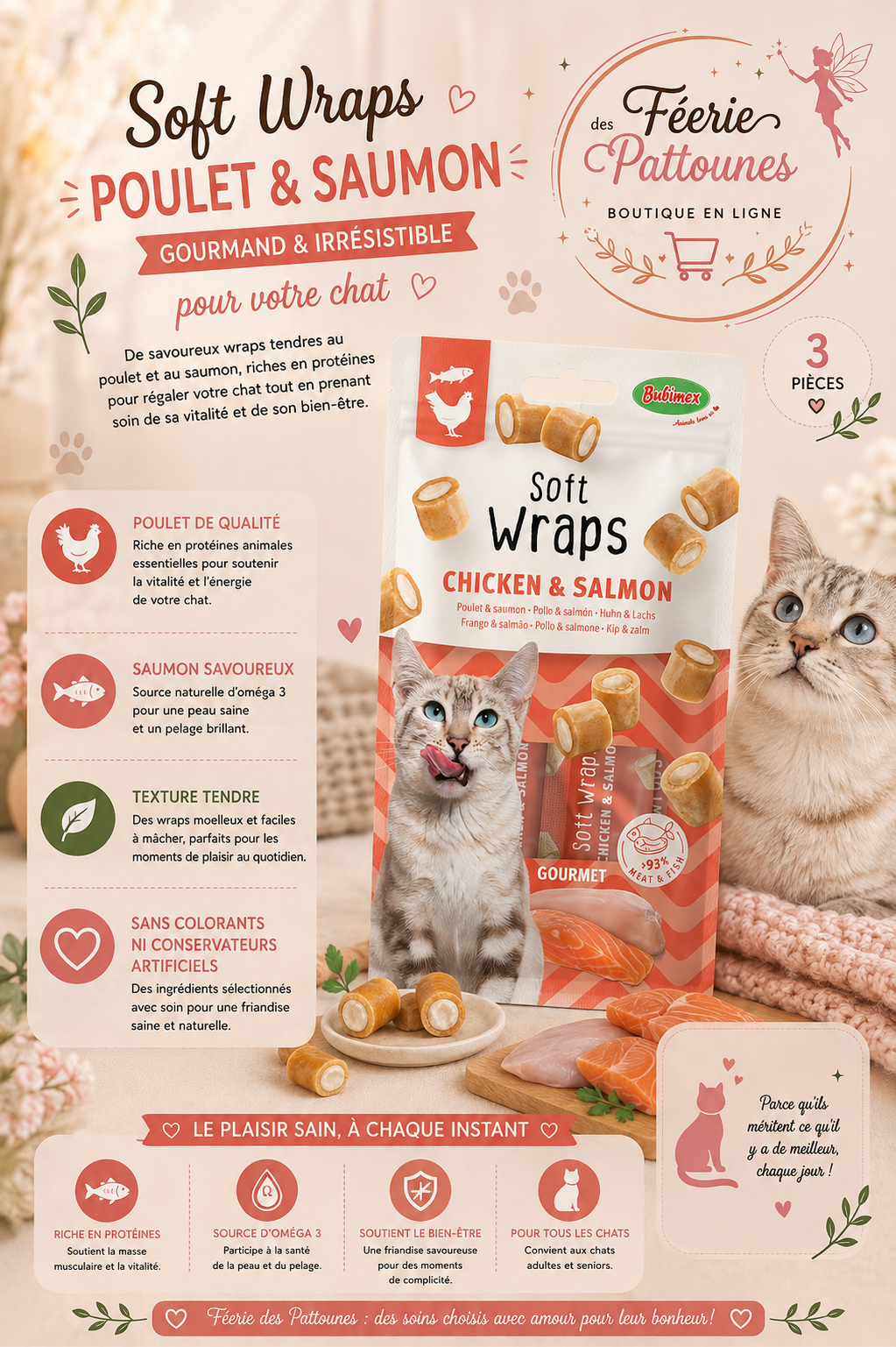 🍗🐟 Soft Wraps Poulet & Saumon – Bouchées Crémeuses (3 pièces – 30 g)