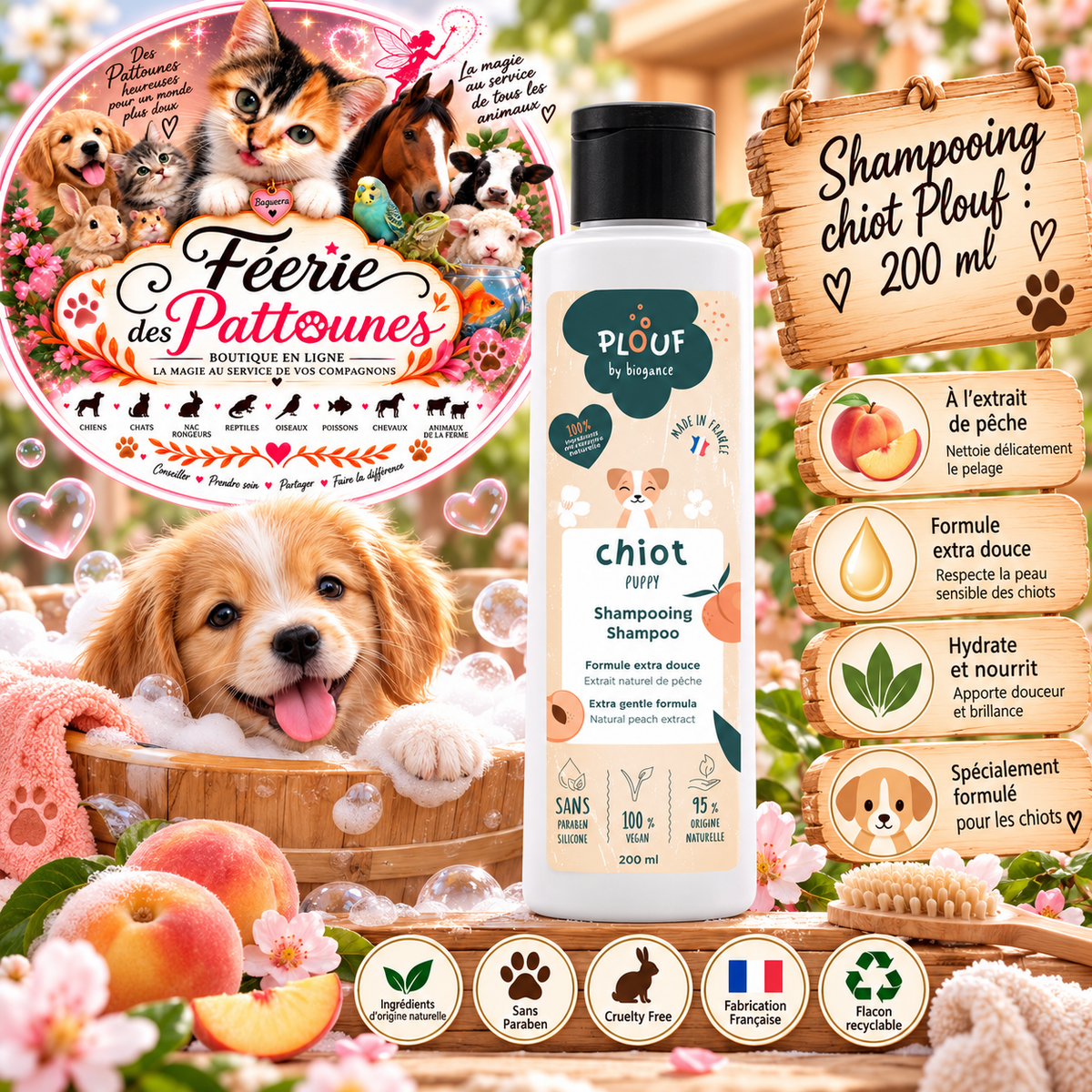 🍑🐶 Shampooing Chiot Plouf Biogance – 200 ml