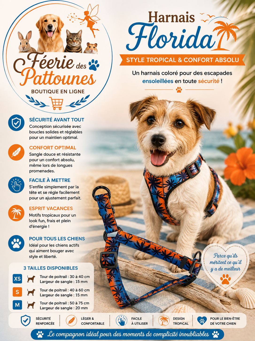 🌴💙🧡🐶 Harnais Florida – Bleu & Orange (Tailles XS • S • M)