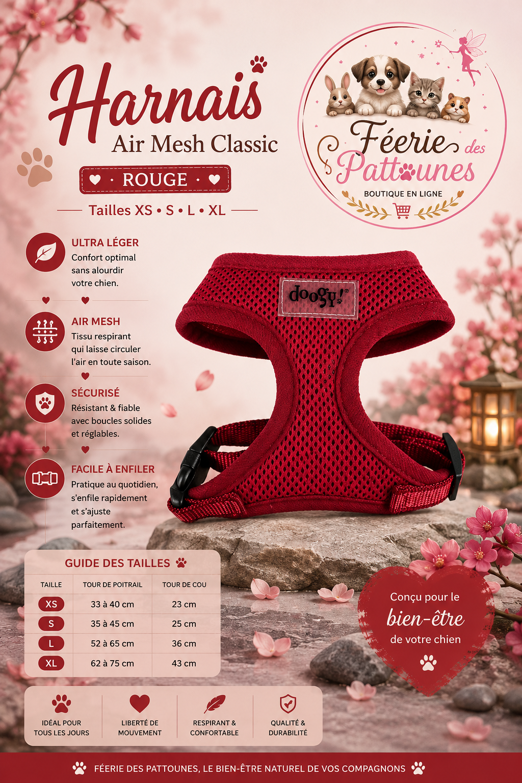🔴🐶 Harnais Air Mesh Classic – Rouge (Tailles XS • S • L • XL)