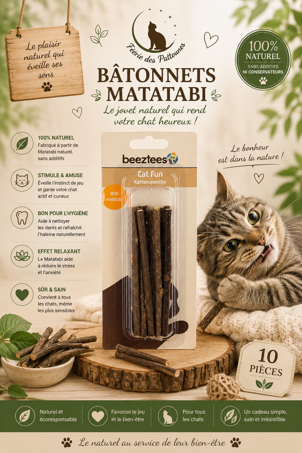 🐾 Bâtonnets Matatabi Beeteez – Jouets Naturels pour Chat (Lot de 10)