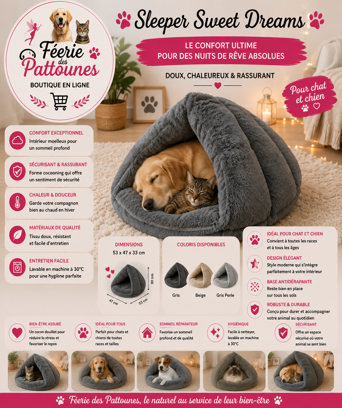 🤍🌙🐾 Sleeper Sweet Dreams – Gris • Beige • Gris Perle (53 × 47 × 33 cm)