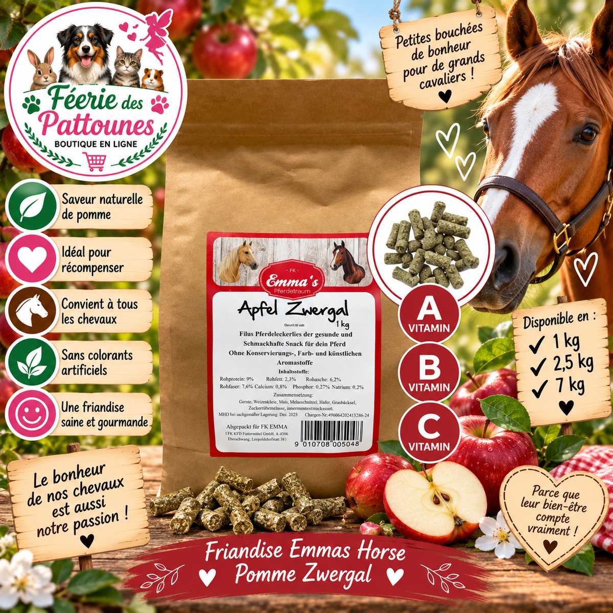🍏🐴 Emmas Horse – Friandises Pomme Zwergal (1 kg • 2,5 kg • 7 kg)