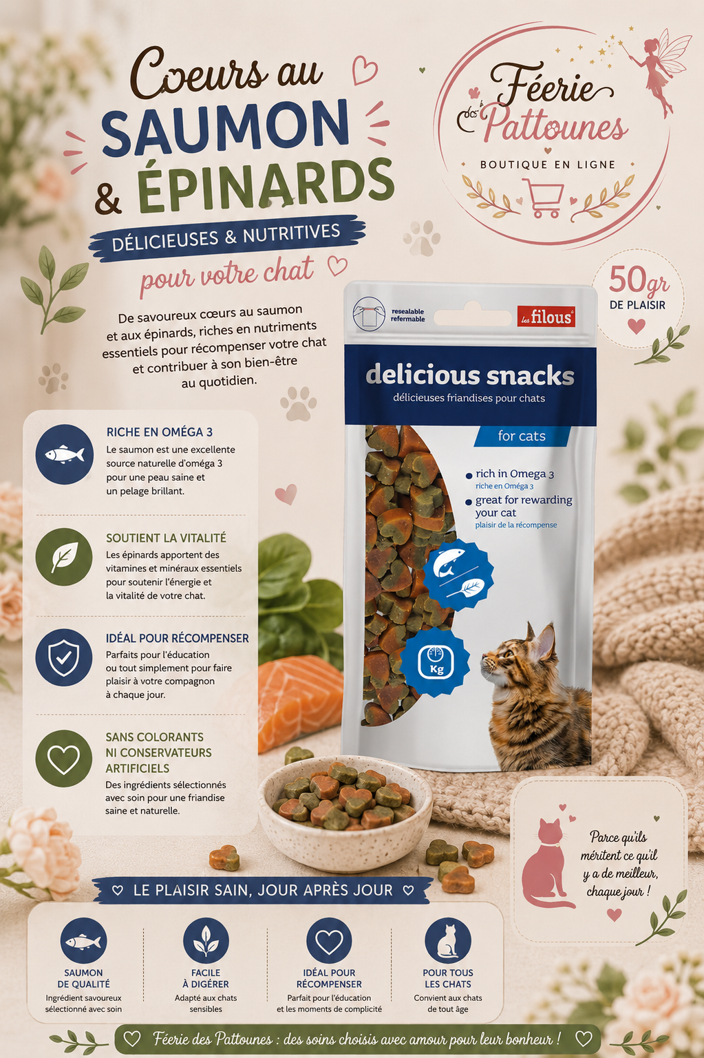 🐟🌿 Cœurs au Saumon & Épinards – Les Filous (50 g)