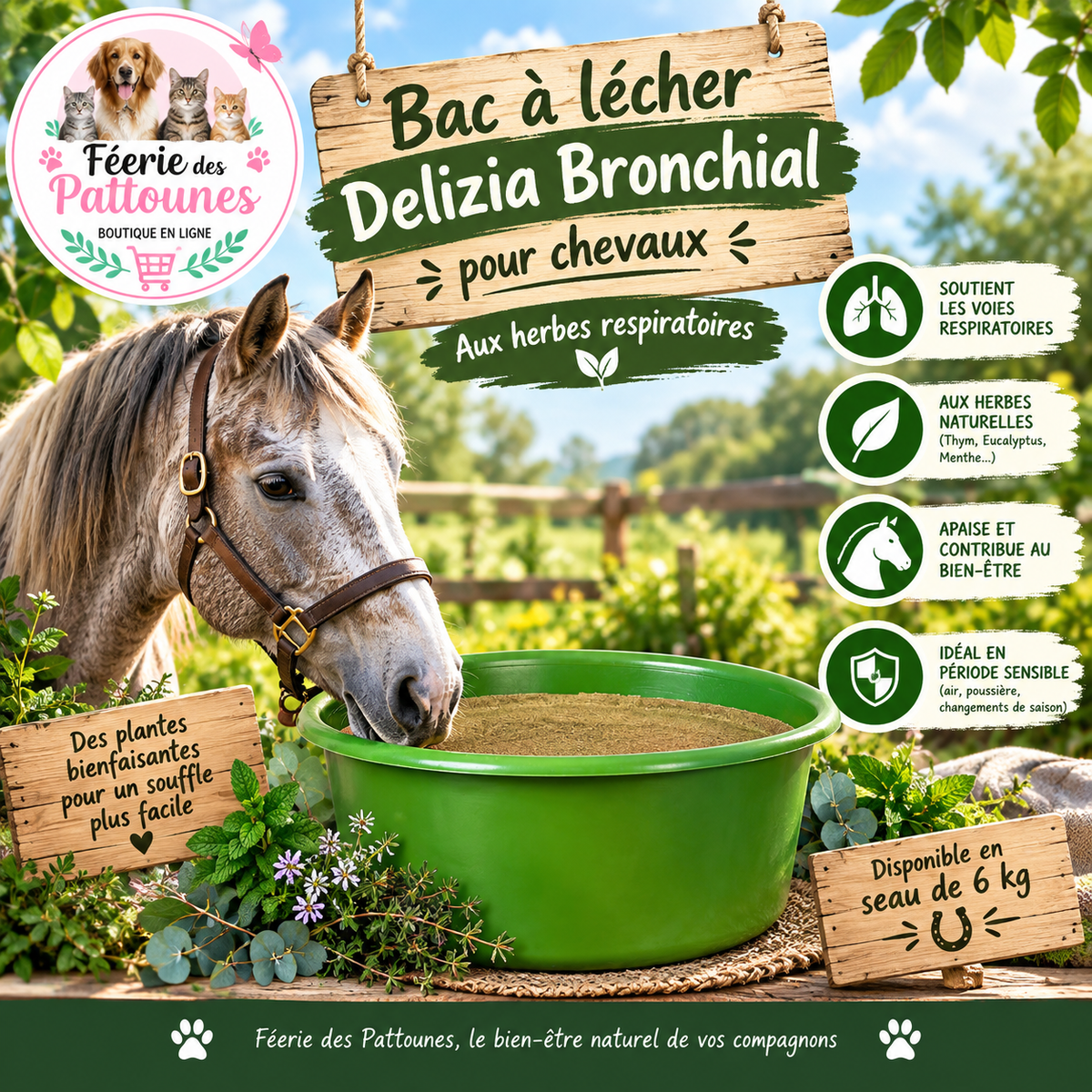🌿🐴 Delizia – Bac à Lécher Bronchial pour Chevaux (6 kg)