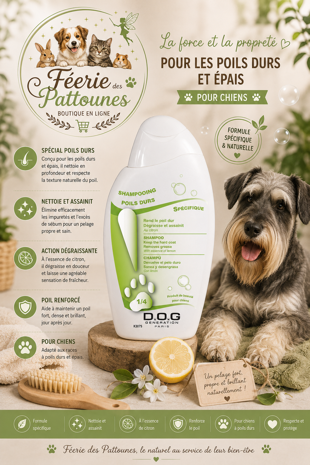 🐾 Dog Génération – Shampooing Poils Durs (250 ml • 1 L)