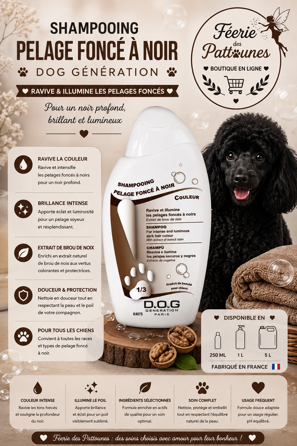 🖤🌰 Shampooing Pelage Foncé à Noir – Dog Génération (250 ml • 1 L • 5 L)