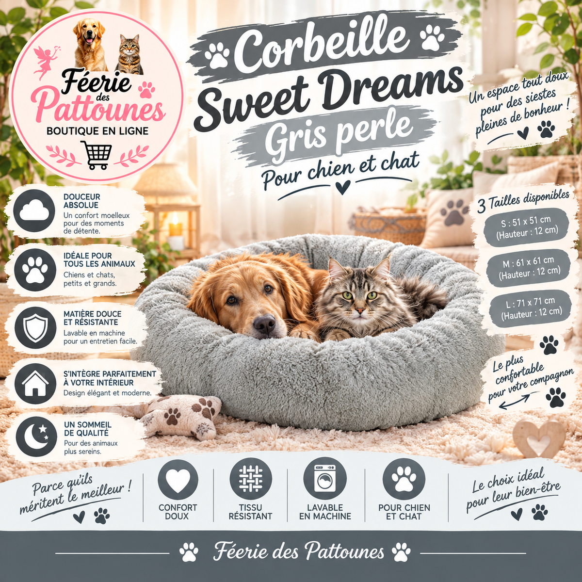 🐾✨ Corbeille Sweet Dreams – Gris Perle (3 tailles)