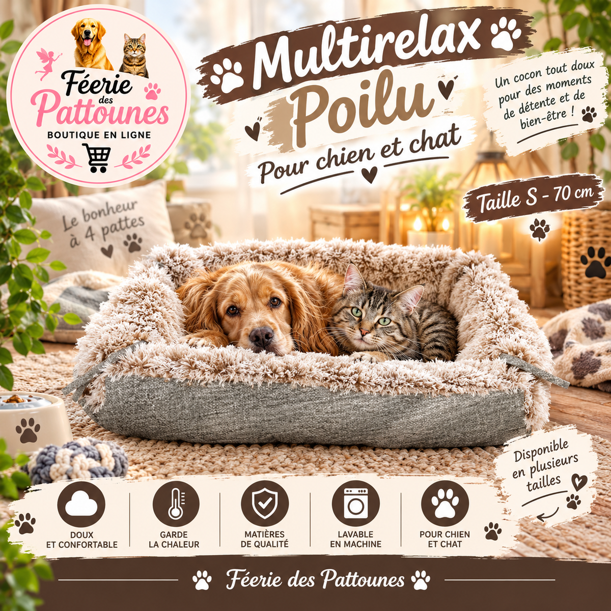 🐾🤍 Multirelax Poilu – Beige – Taille S (70 cm)