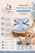 💙📐🐶 Harnais Vichy – Bleu Ciel (Tailles XS • S • M)