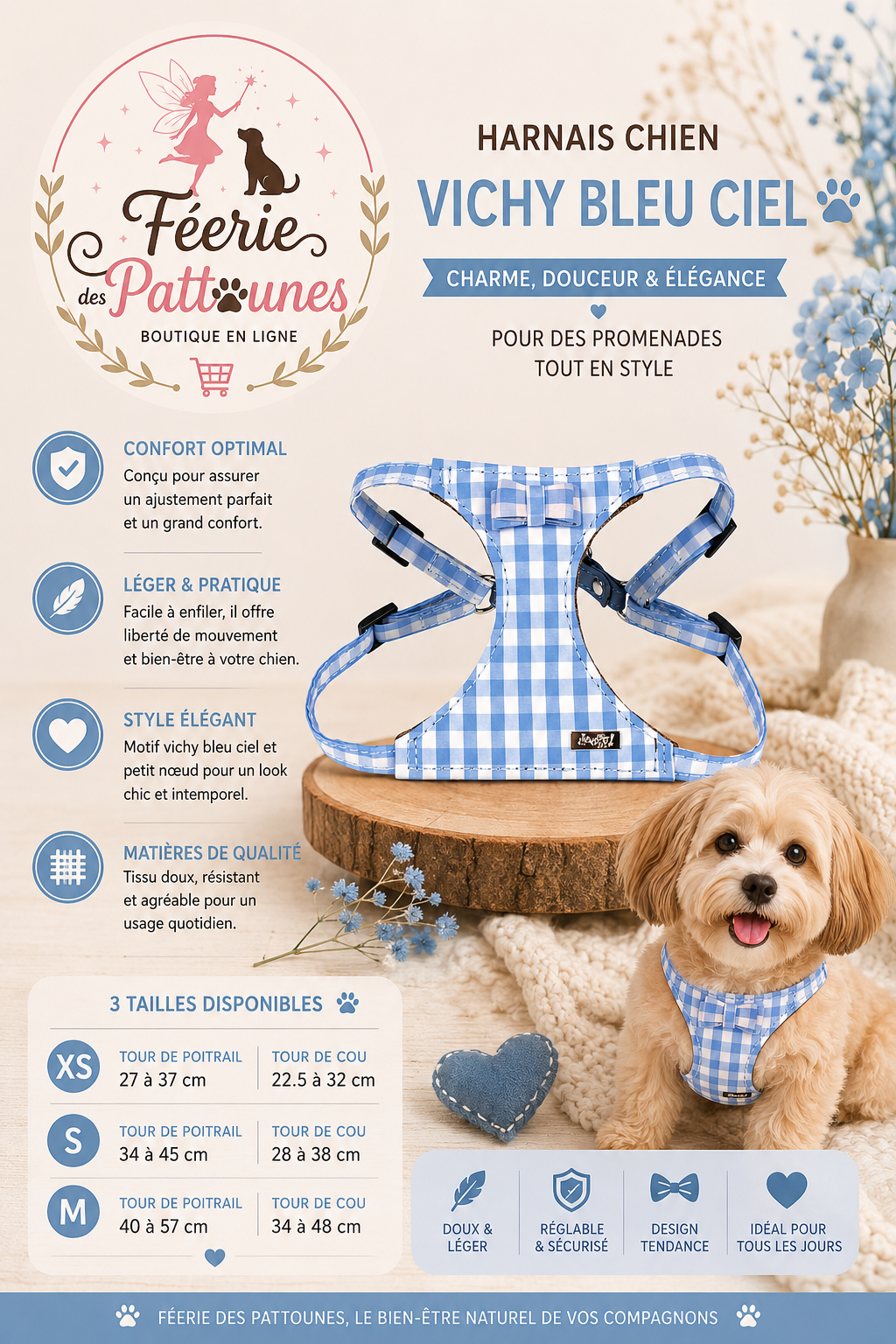 💙📐🐶 Harnais Vichy – Bleu Ciel (Tailles XS • S • M)