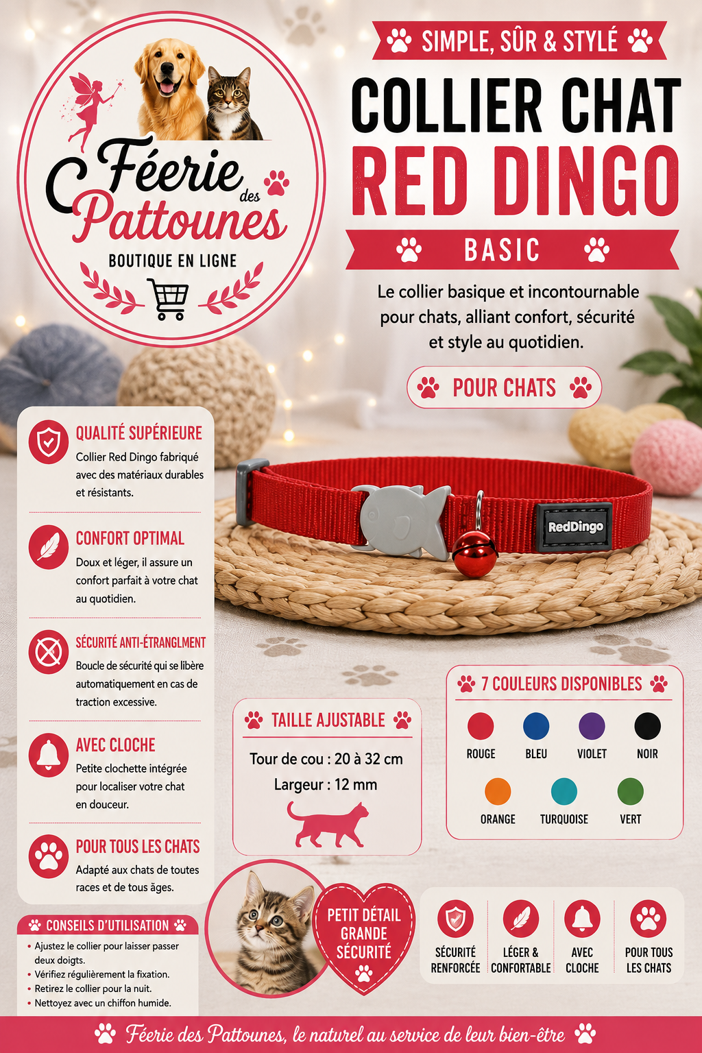 🎨🐾 Collier Red Dingo Basic – Pour Chat (20 à 32 cm × 12 mm)