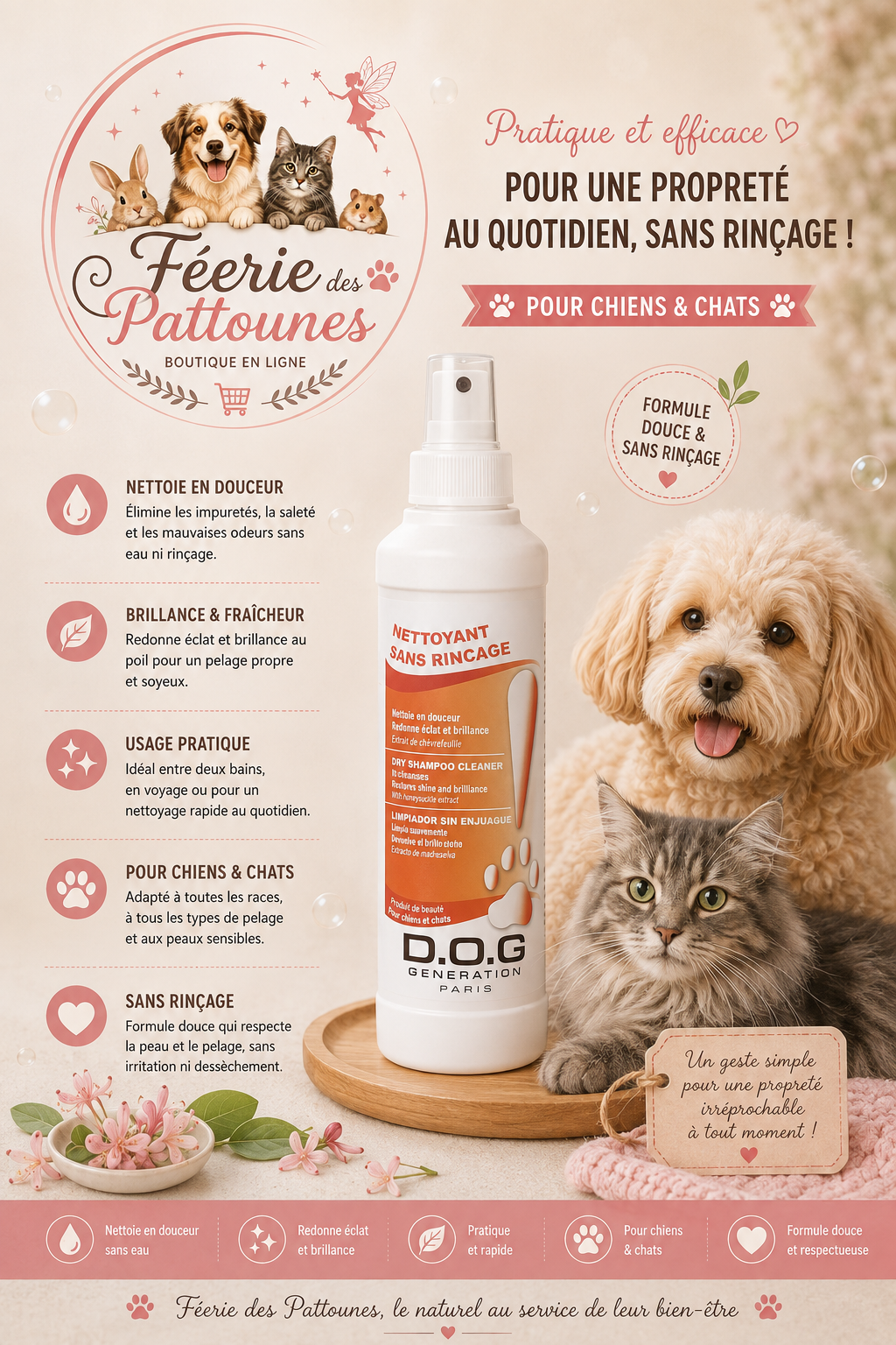 🌼 Dog Génération – Nettoyant Sans Rinçage au Chèvrefeuille (250 ml • 1 L)