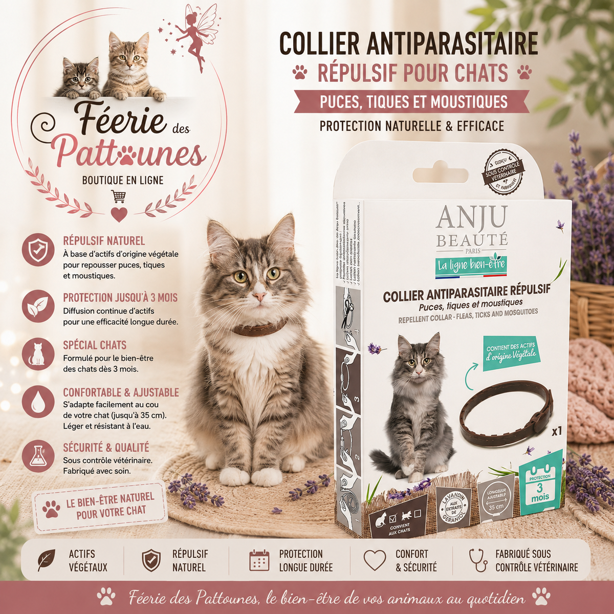 🛡️🐱 Collier Antiparasitaire Répulsif – Anju Beauté Chat (35 cm)