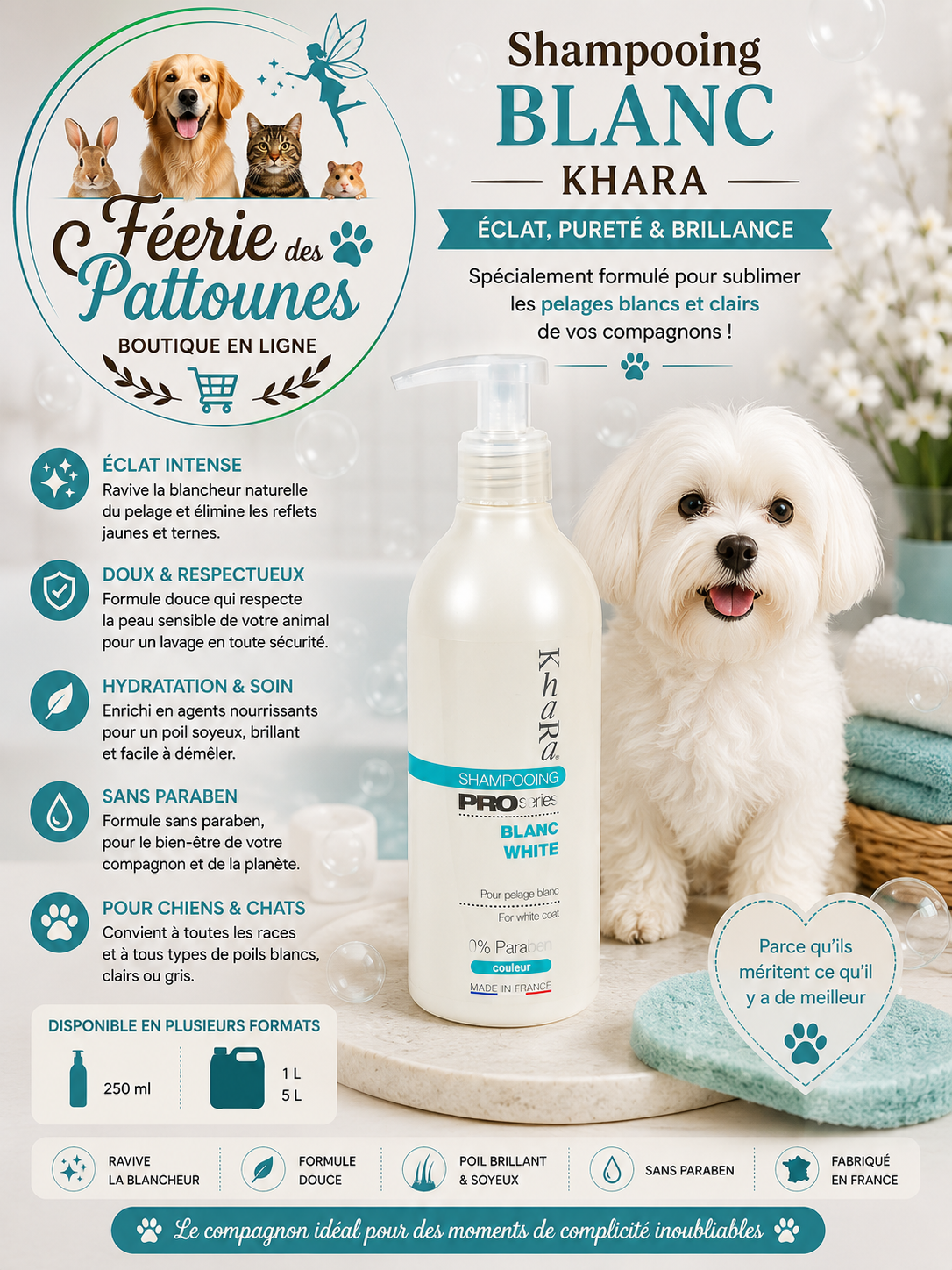 ❄️✨🐶 Shampooing Blanc Khara – Pelages Blancs (250 ml • 1 L • 5 L)