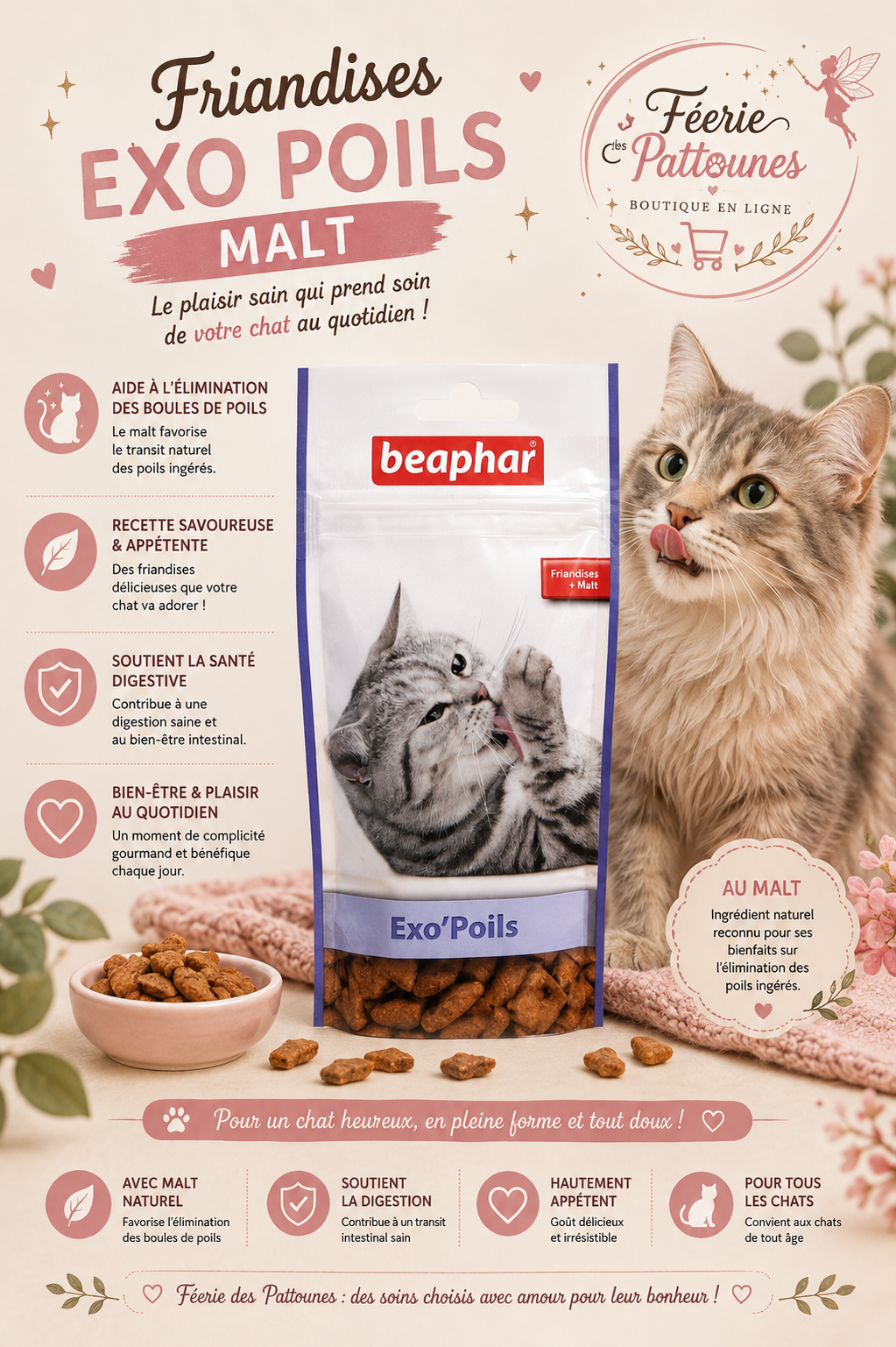 🐾 Friandises Beaphar Exo’Poils – Pâte au Malt (35 g)