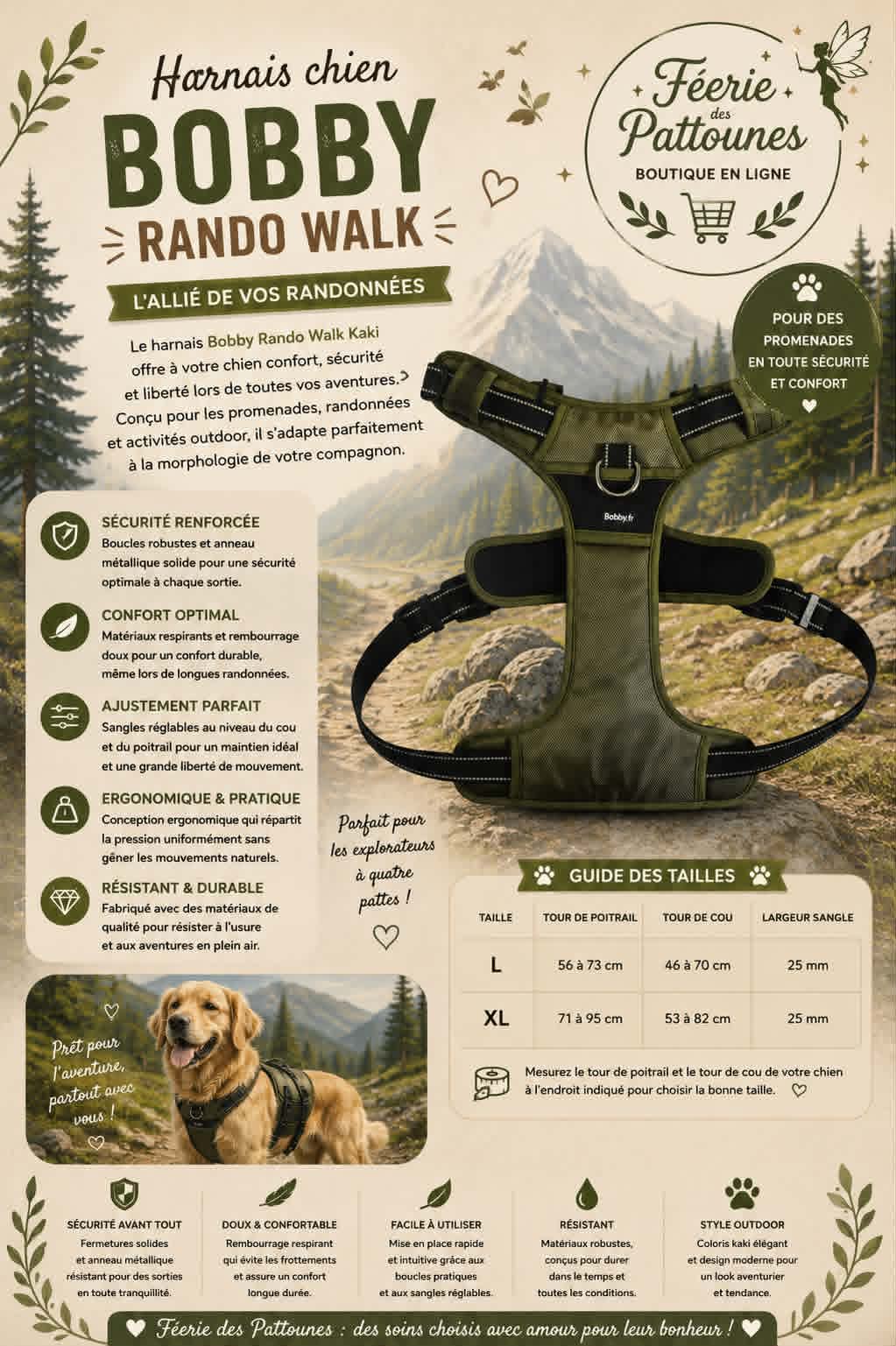 🟩 Harnais Rando Walk – Bobby (Kaki • Tailles L & XL)