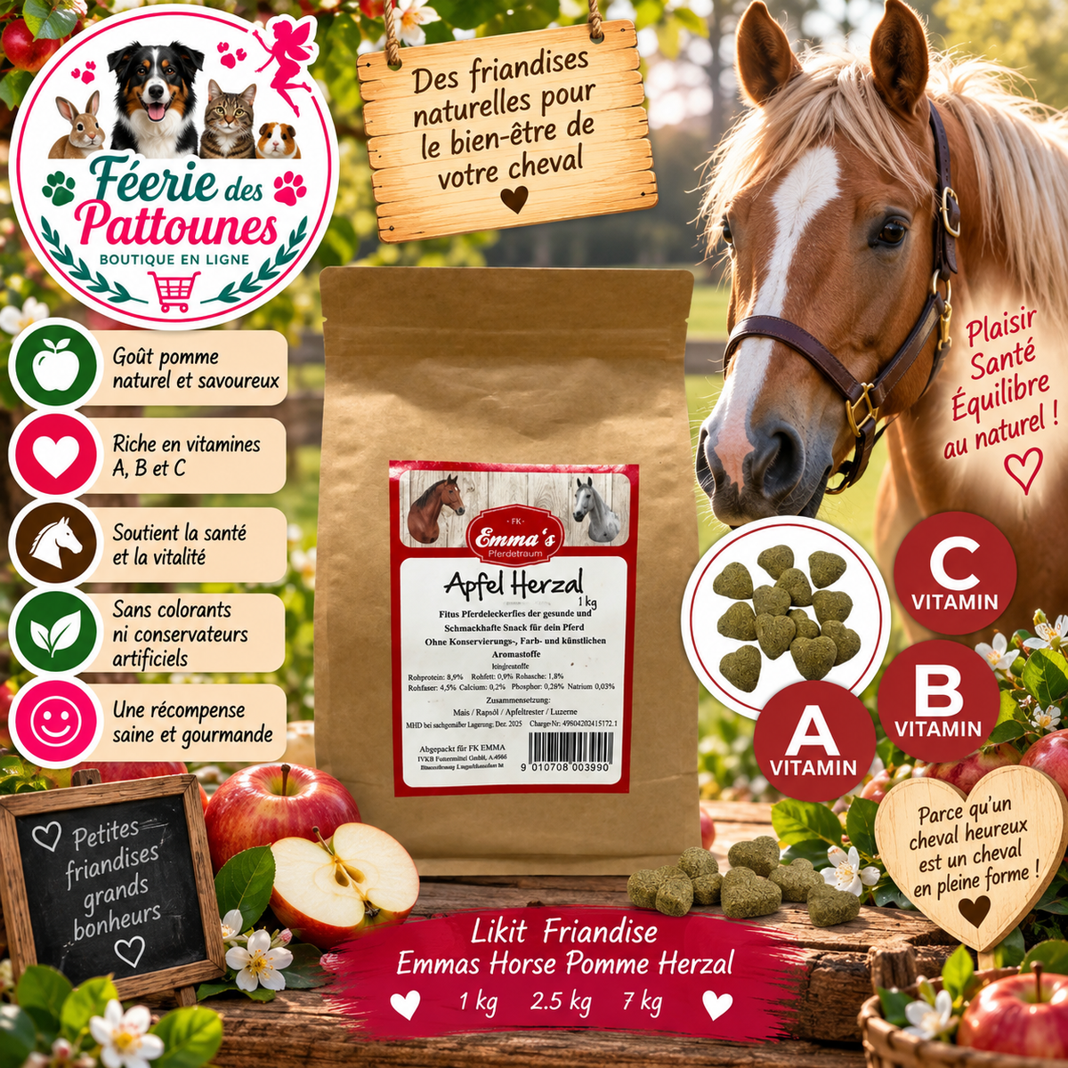 🍏❤️🐴 Emmas Horse – Friandises Pomme Herzal (1 kg • 2,5 kg • 7 kg)