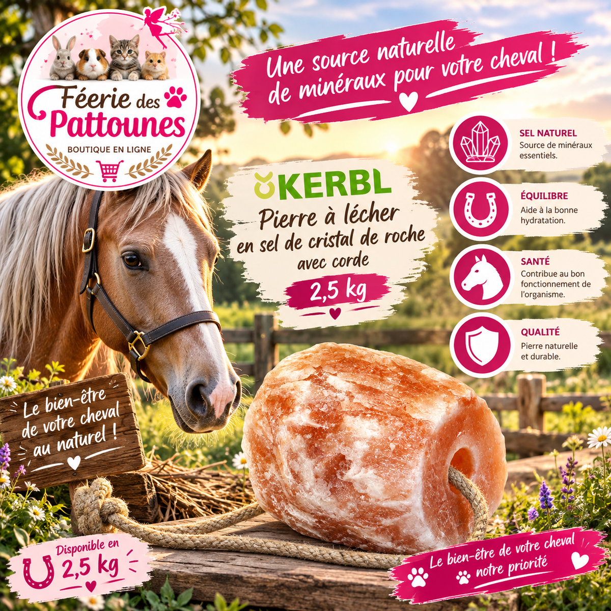 🧂🐴 Pierre à Lécher Kerbl Delizia – Sel de Cristal de Roche (2,5 kg)