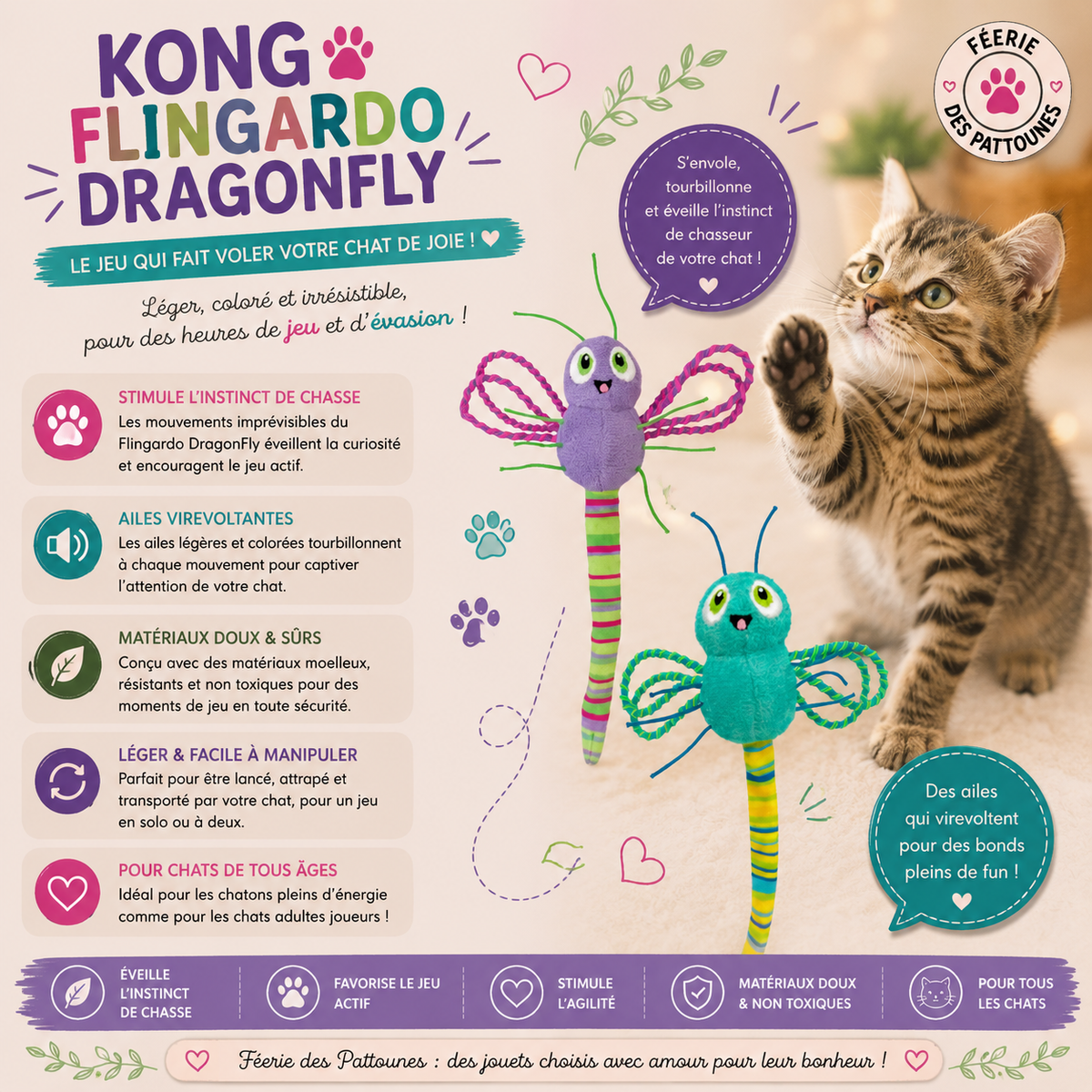 🐉 KONG® Flingaroo Dragonfly – Jouet Libellule Élastique & Herbe à Chat (16 cm)