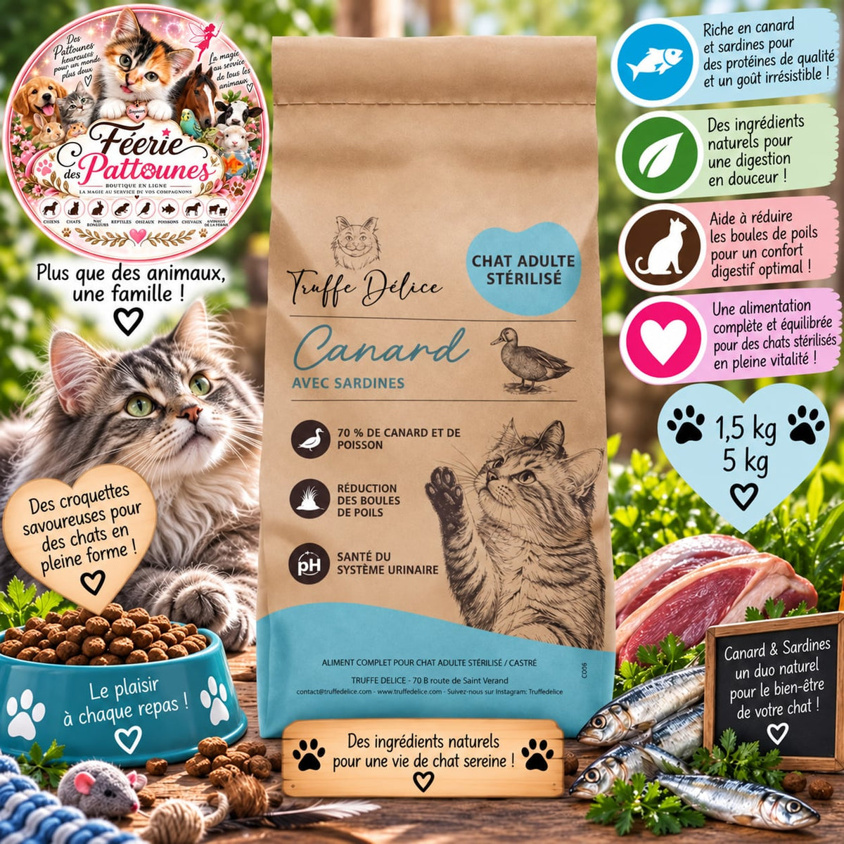 🐈🐟 Croquettes Chat Adulte – Canard & Sardines (Spécial Stérilisé)