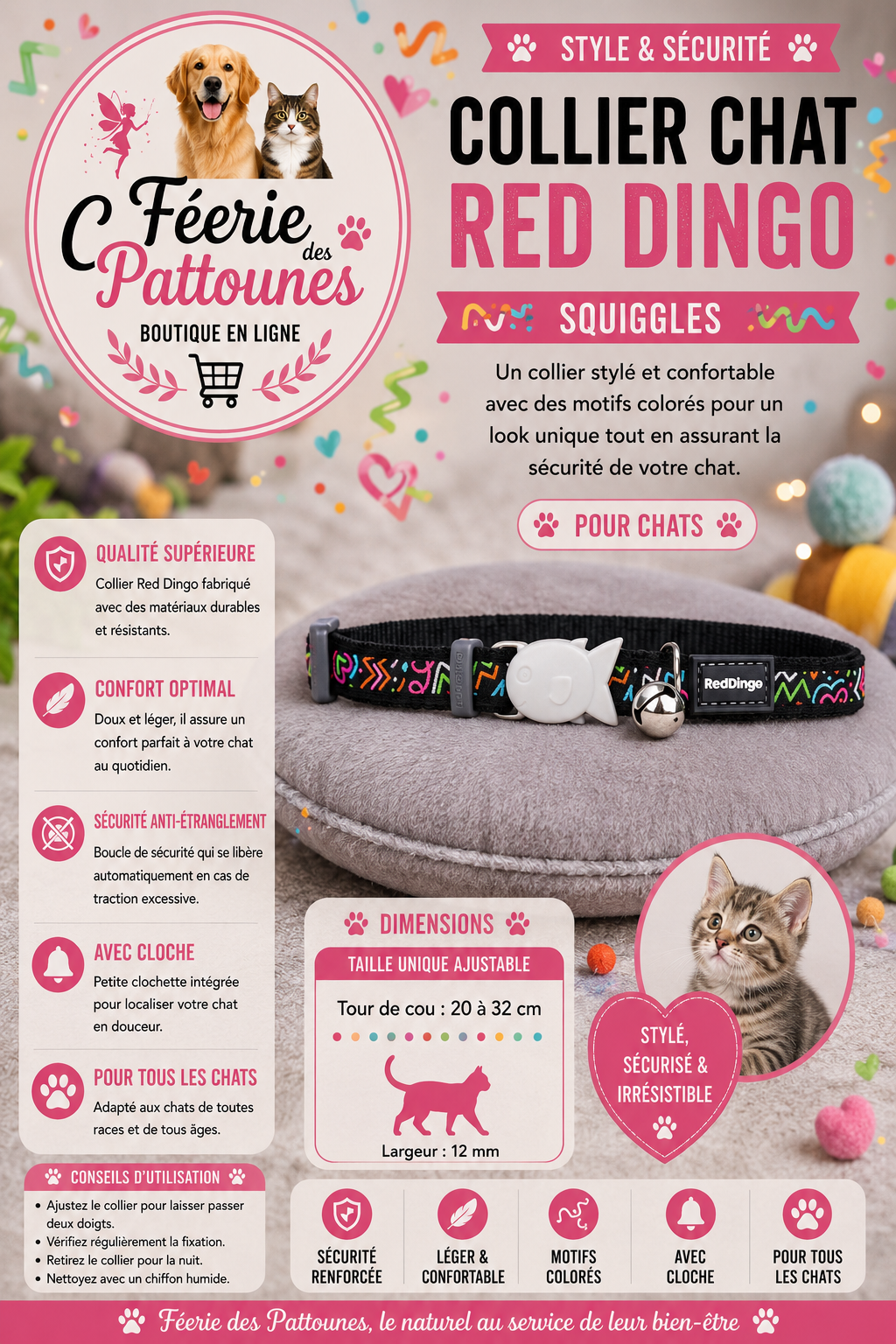 🌀🐾 Collier Red Dingo Fantaisie – Squiggles (20 à 32 cm × 12 mm)