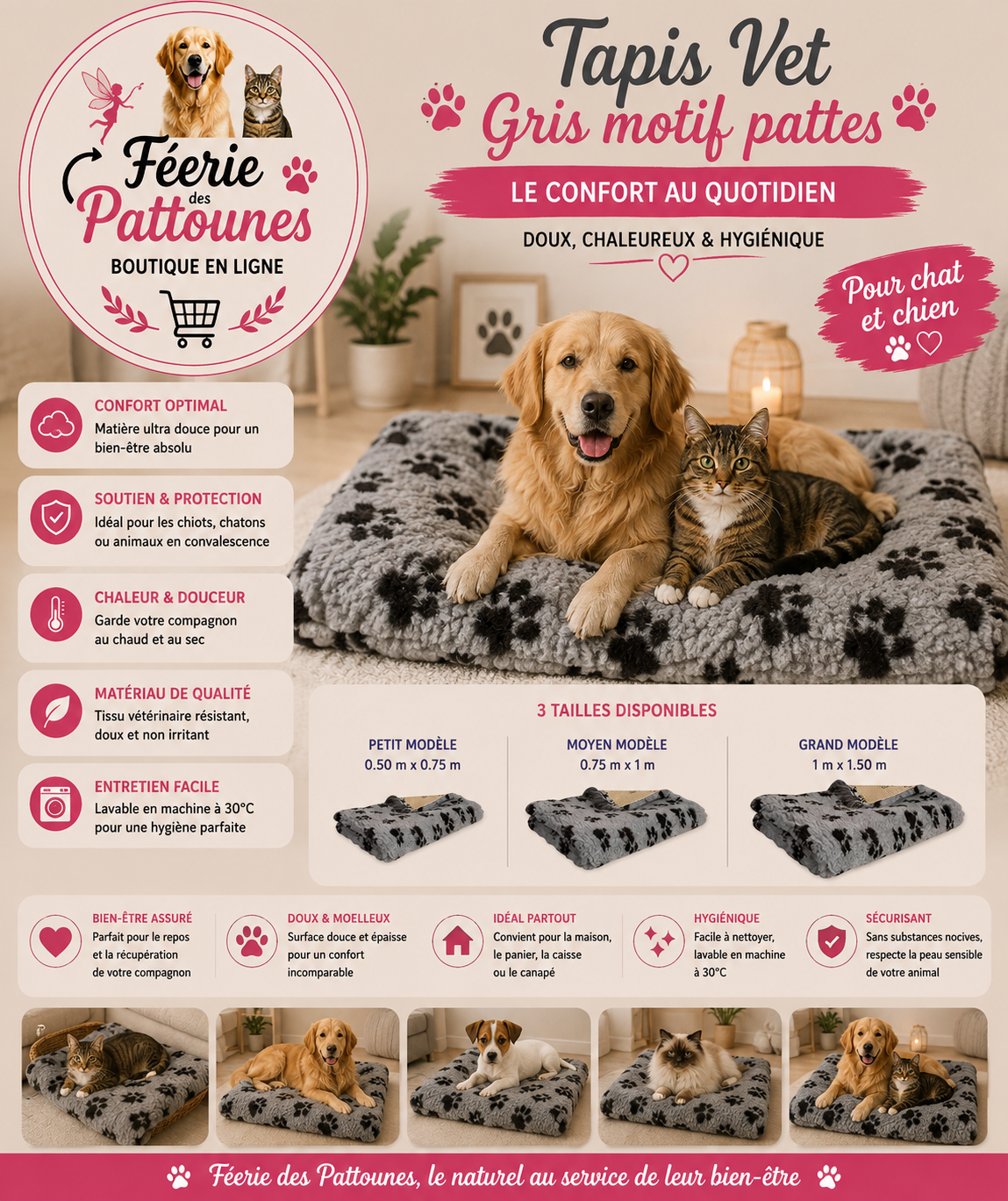 🐾 Tapis Vet – Gris Motif Pattes (3 tailles)