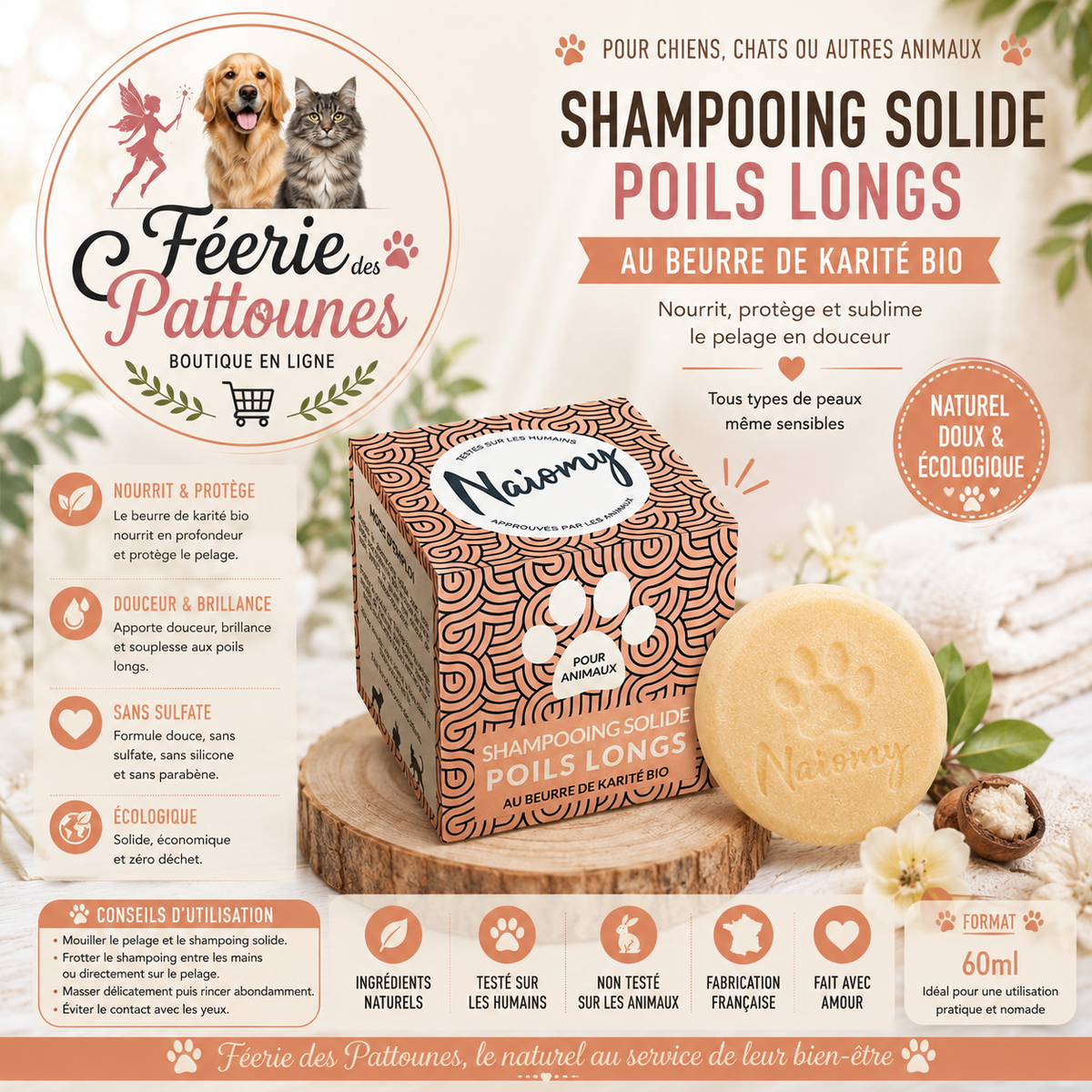 🧼🌿 Shampoing Solide Poils Longs – Naiomy (60 ml)