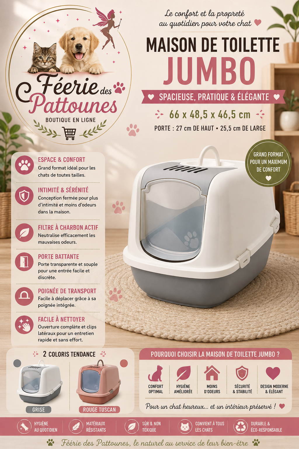 🐱 Maison de Toilette Jumbo Savic – Grand Format & Anti‑Odeurs (66 × 48,5 × 46,5 cm)