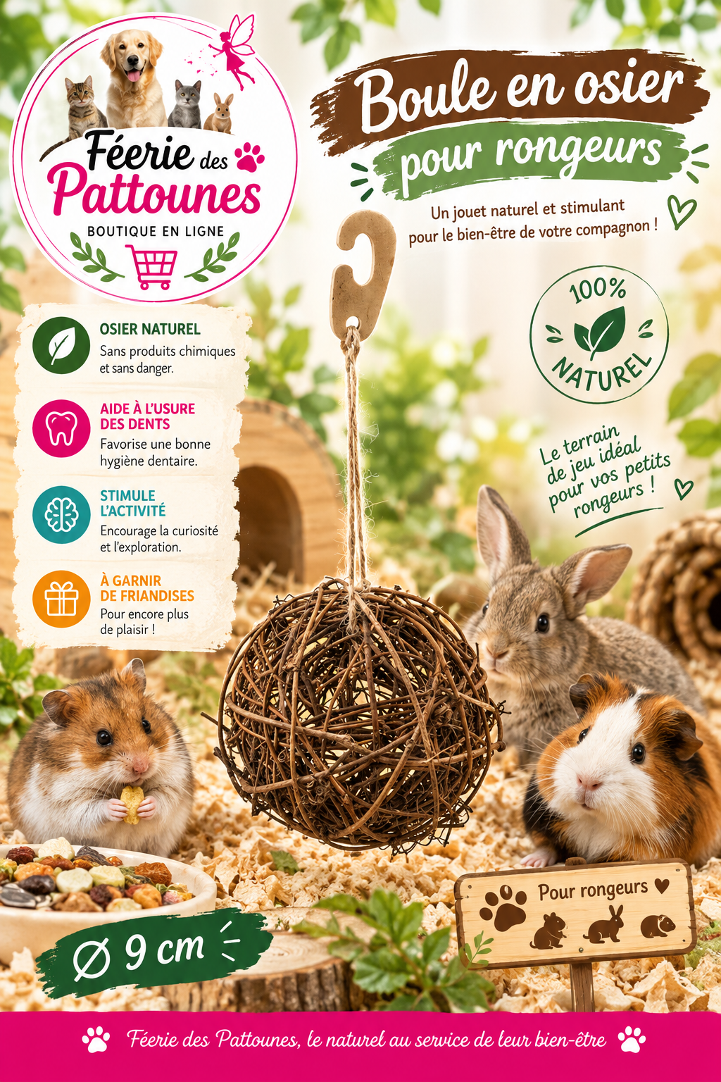 🌿🐹 Kerbl – Boule en Osier pour Rongeurs, Ø 9 cm