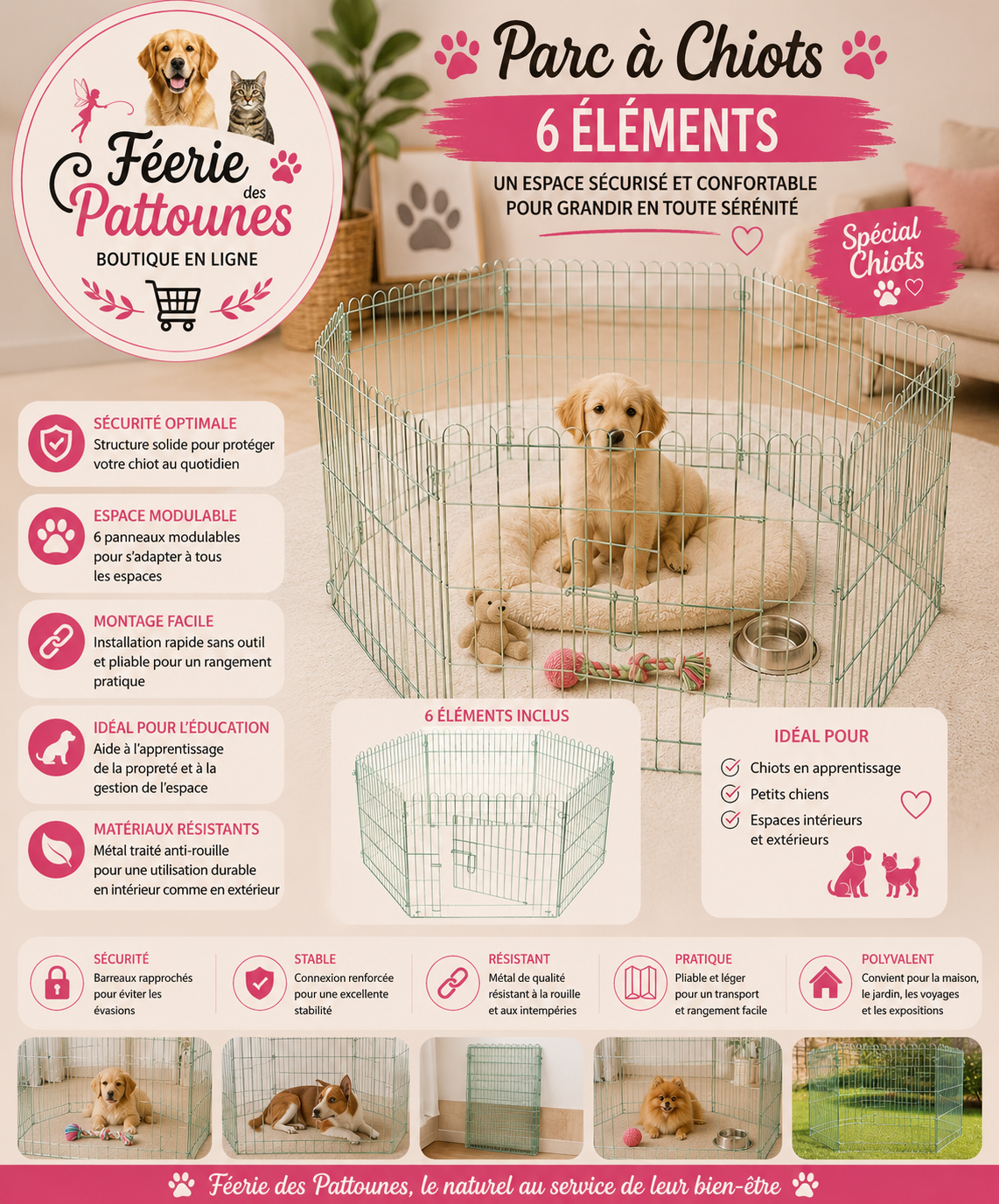 🐶🔒 Parc à Chiots – 6 Éléments (Acier • Multi‑positions)