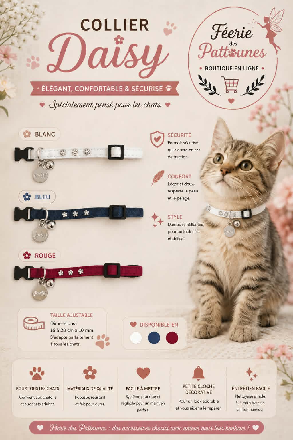 🌼✨ Collier Daisy – Pour Chat (16 à 28 cm × 10 mm)