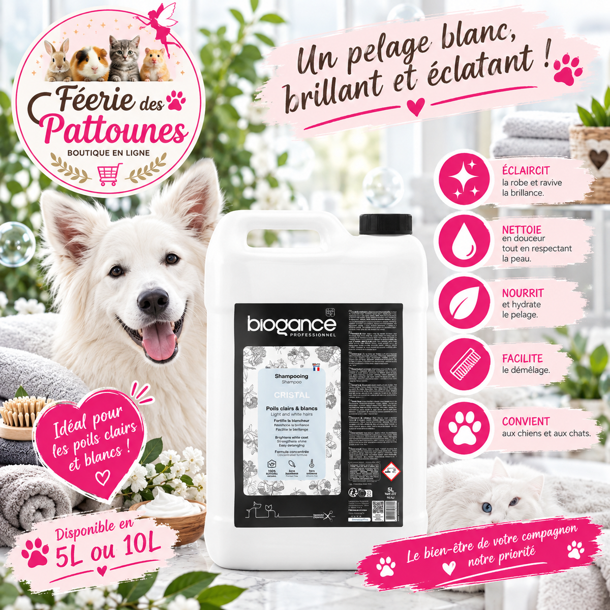 ❄️🐾 Shampoing Biogance – Cristal Blanc (5 L • 10 L)