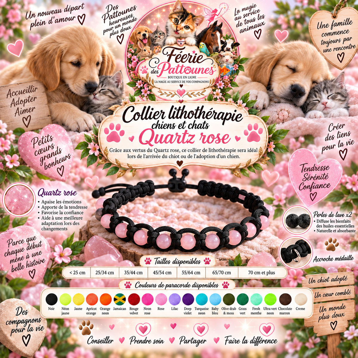 🐶🐱🌸 Collier Lithothérapie – Quartz rose