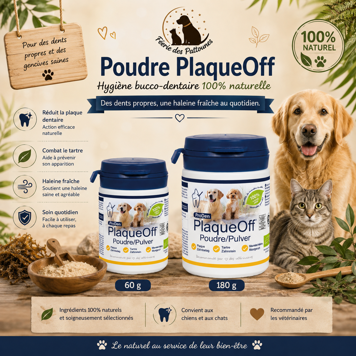 🦷 Poudre PlaqueOff ProDen – Hygiène Dentaire Naturelle Chien & Chat (60 g • 180 g)