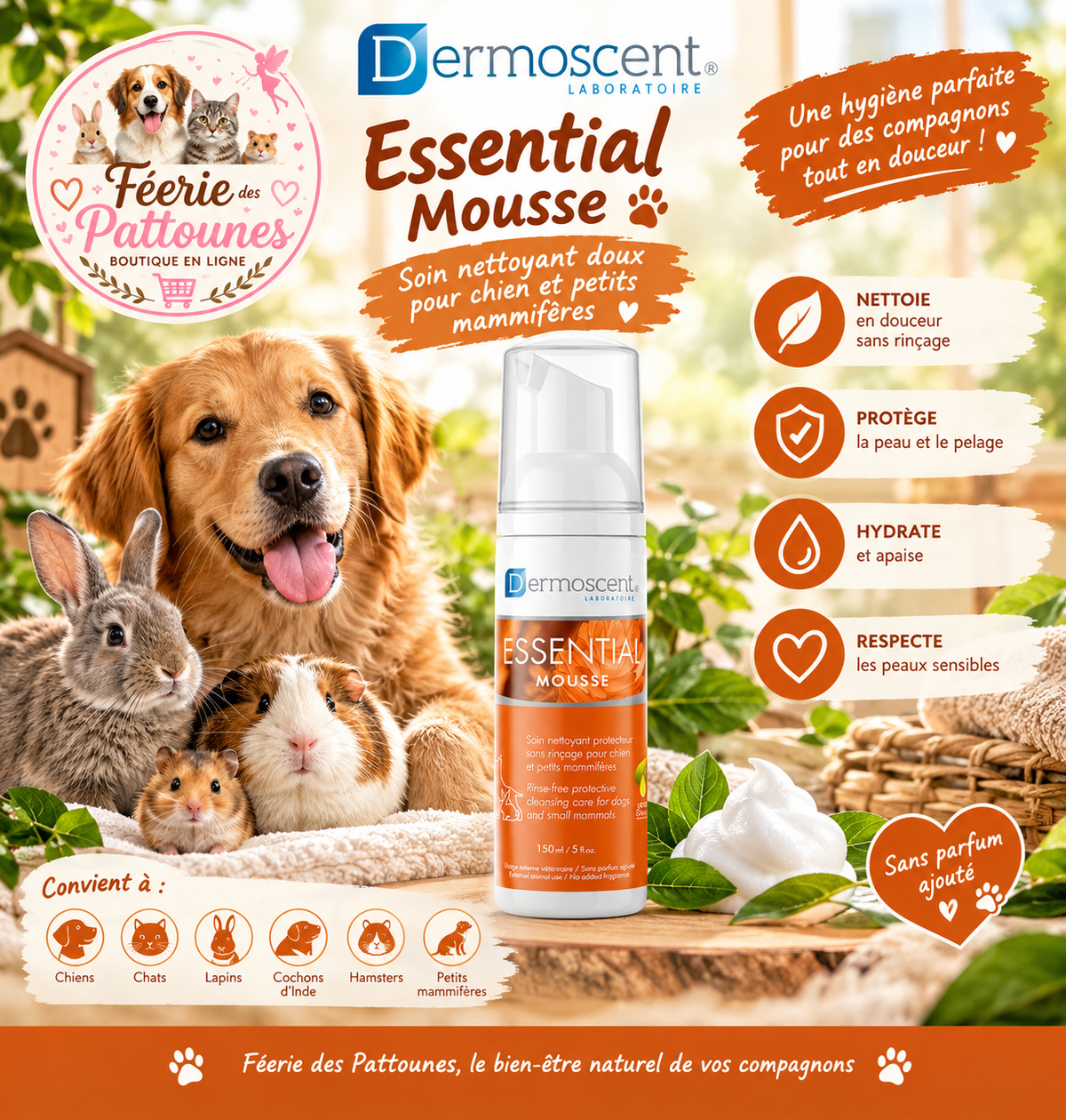 🐾 Dermoscent® Essential Mousse – Chien & Petits Mammifères – 150 ml