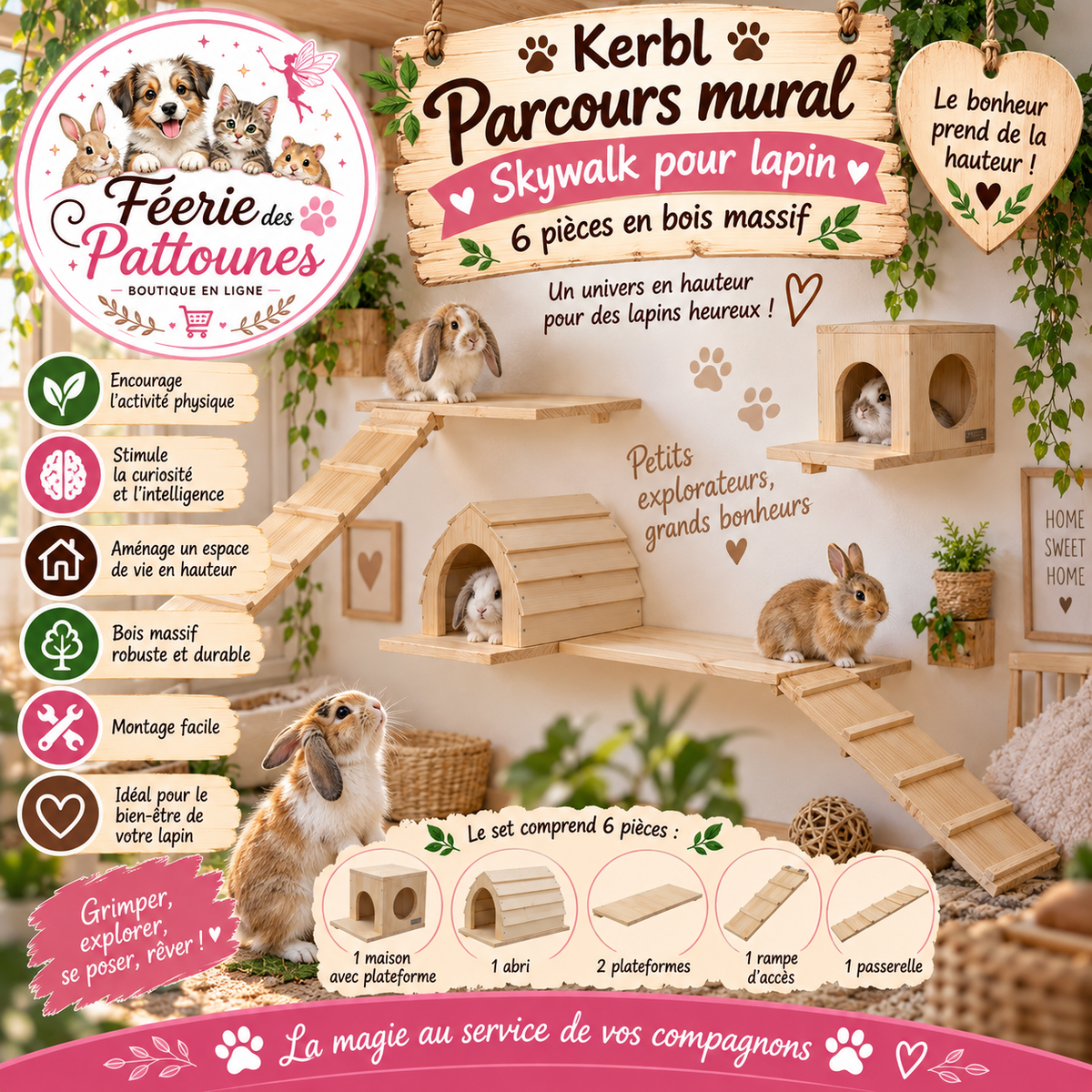 🪵🐇 Kerbl – Parcours Mural Skywalk pour Lapin (6 pièces en bois massif)