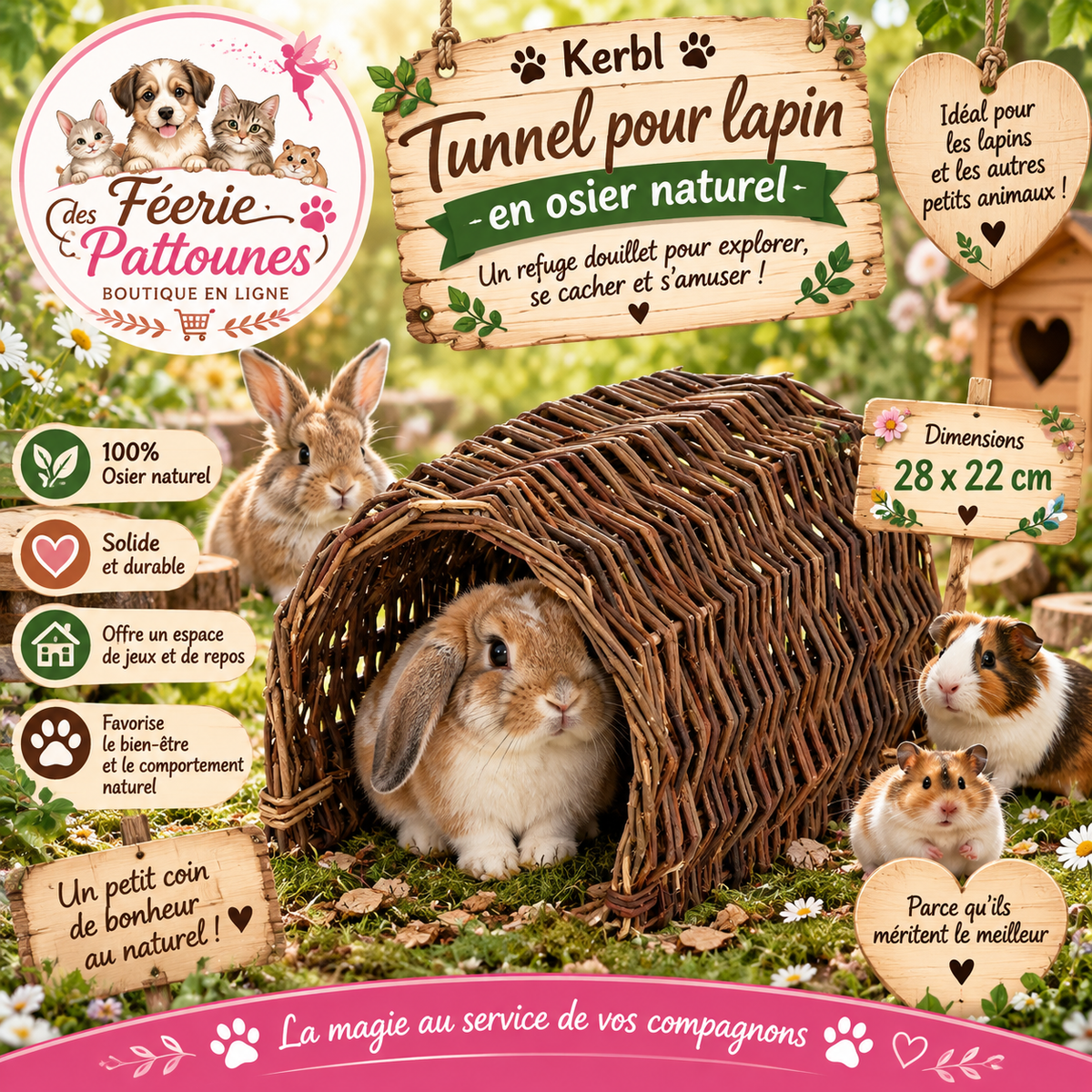 🌿🐇 Kerbl – Tunnel pour Lapin en Osier Naturel (28 × 22 × 18 cm)