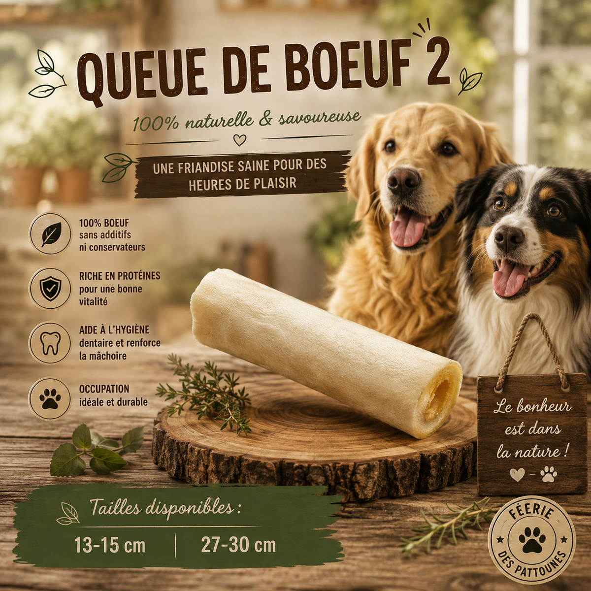 🐂 Queue de Bœuf – Friandise Naturelle pour Chien (Tailles S • L)