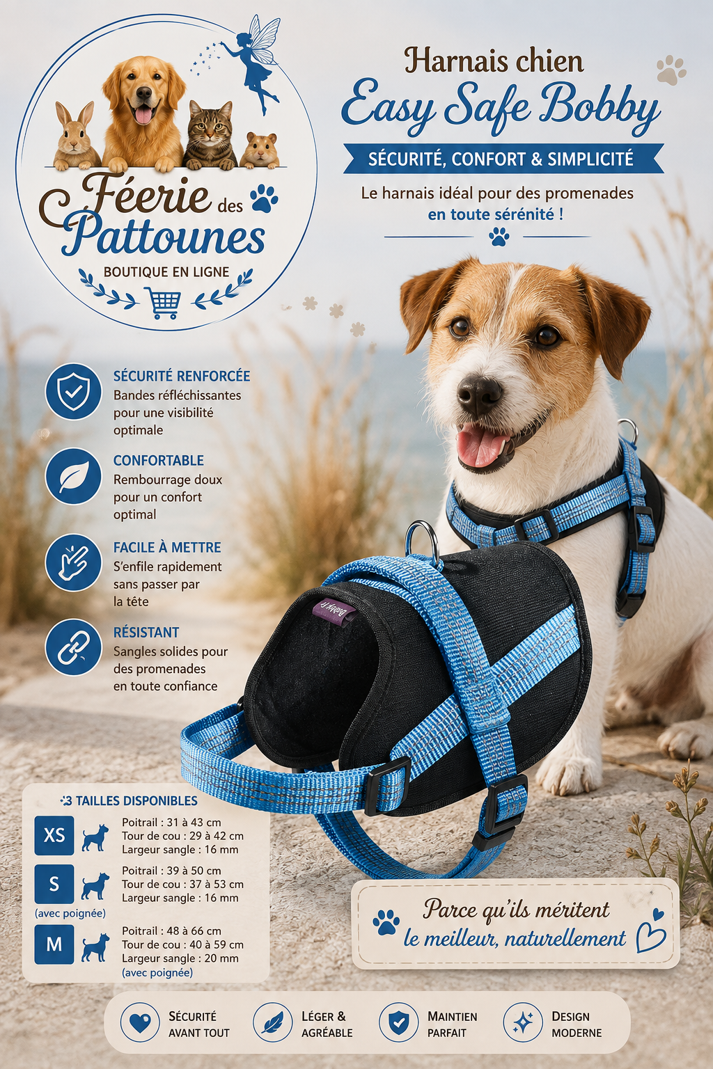 🔵🐶 Harnais Bobby Easy Safe – Bleu (Tailles XS • S • M)